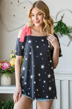 Full Size Star Print Asymmetrical Neck Short Sleeve Top