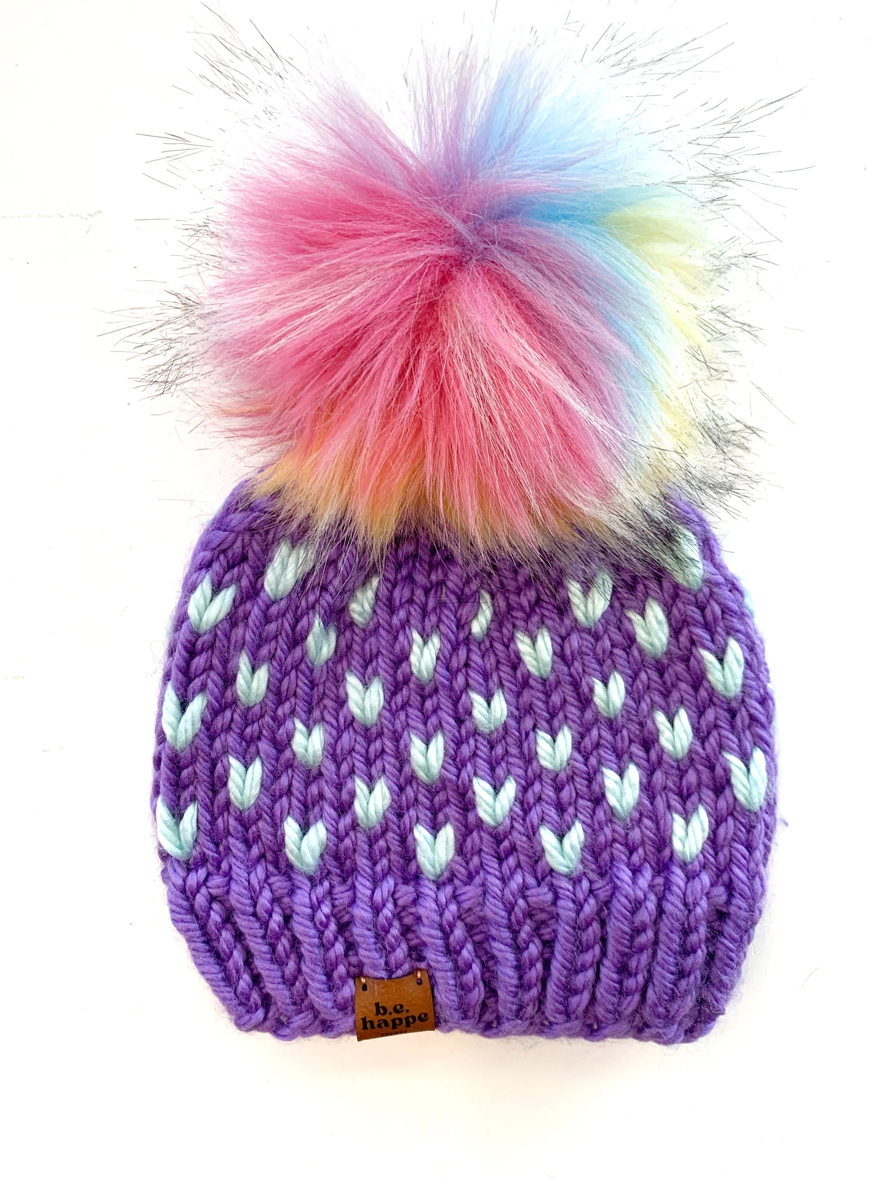 0-3 month Knit Hearts Pom Hat | Wool Free Purple Rainbow