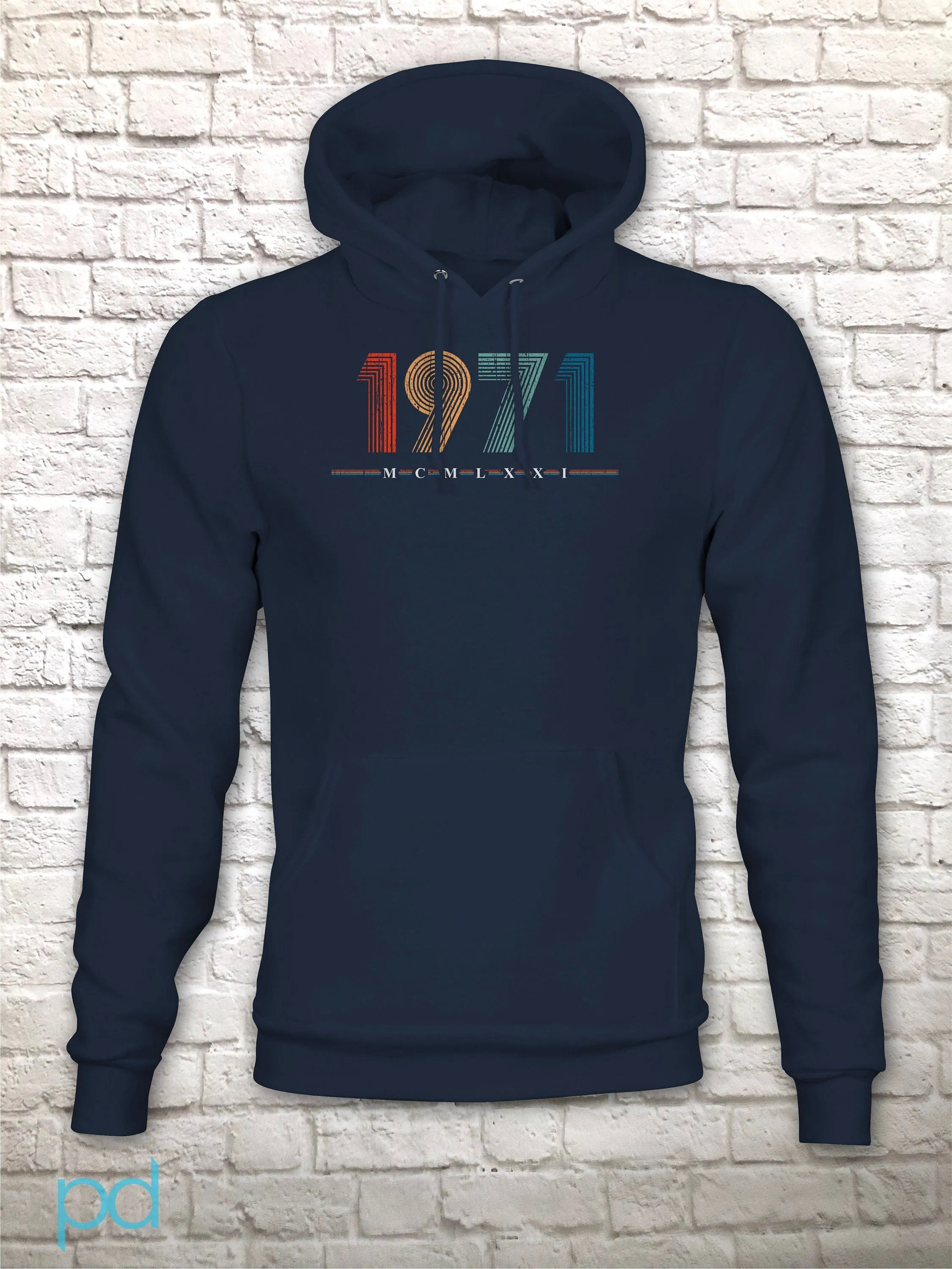 1971 Hoodie, 51st Birthday Gift Hooded Sweatshirt in Retro & Vintage 70s style, MCMLXXI Fiftieth Bday Hoody Sweat Shirt Top For Men or Women