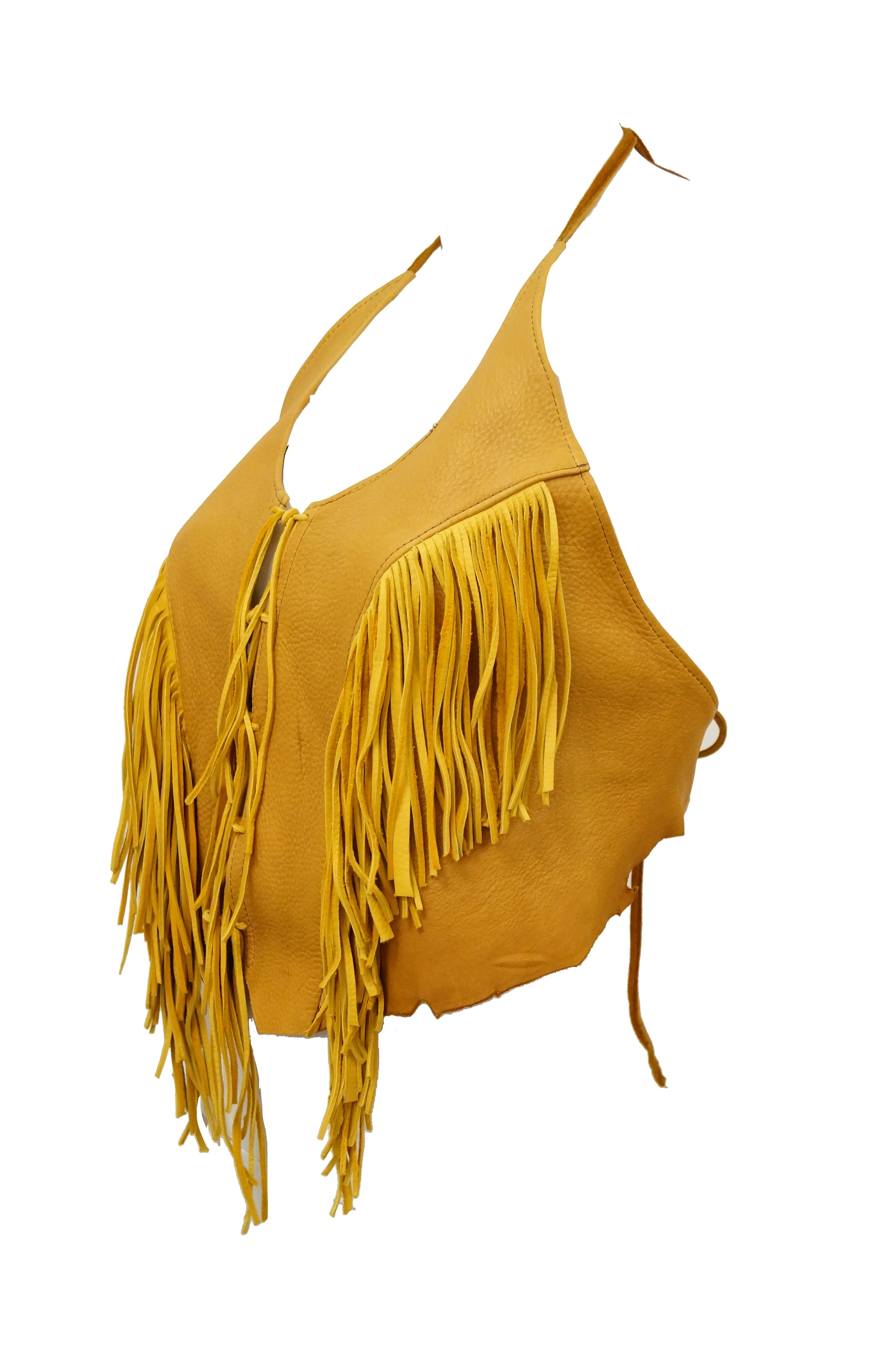 1990s Tan Leather Fringed Halter Top