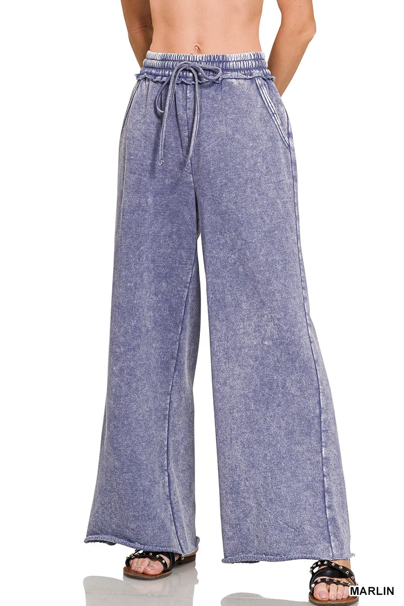 ACID WASH FLEECE PALAZZO SWEATPANTS WITH POCKETS