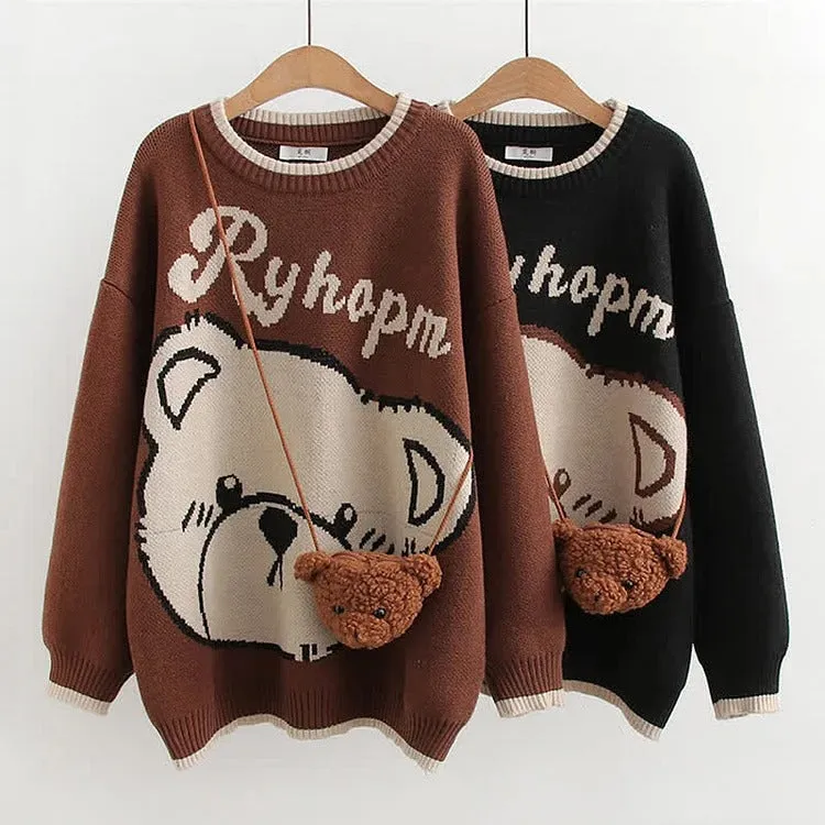 Adorable Elegance: Cartoon Bear Print Letter Sweater with Crossbody Bag - Cute Bliss in Every Stitch! 🧸🎒