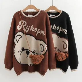 Adorable Elegance: Cartoon Bear Print Letter Sweater with Crossbody Bag - Cute Bliss in Every Stitch! 🧸🎒