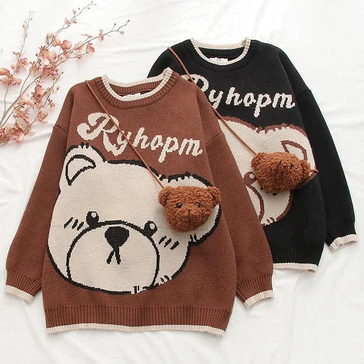 Adorable Elegance: Cartoon Bear Print Letter Sweater with Crossbody Bag - Cute Bliss in Every Stitch! 🧸🎒