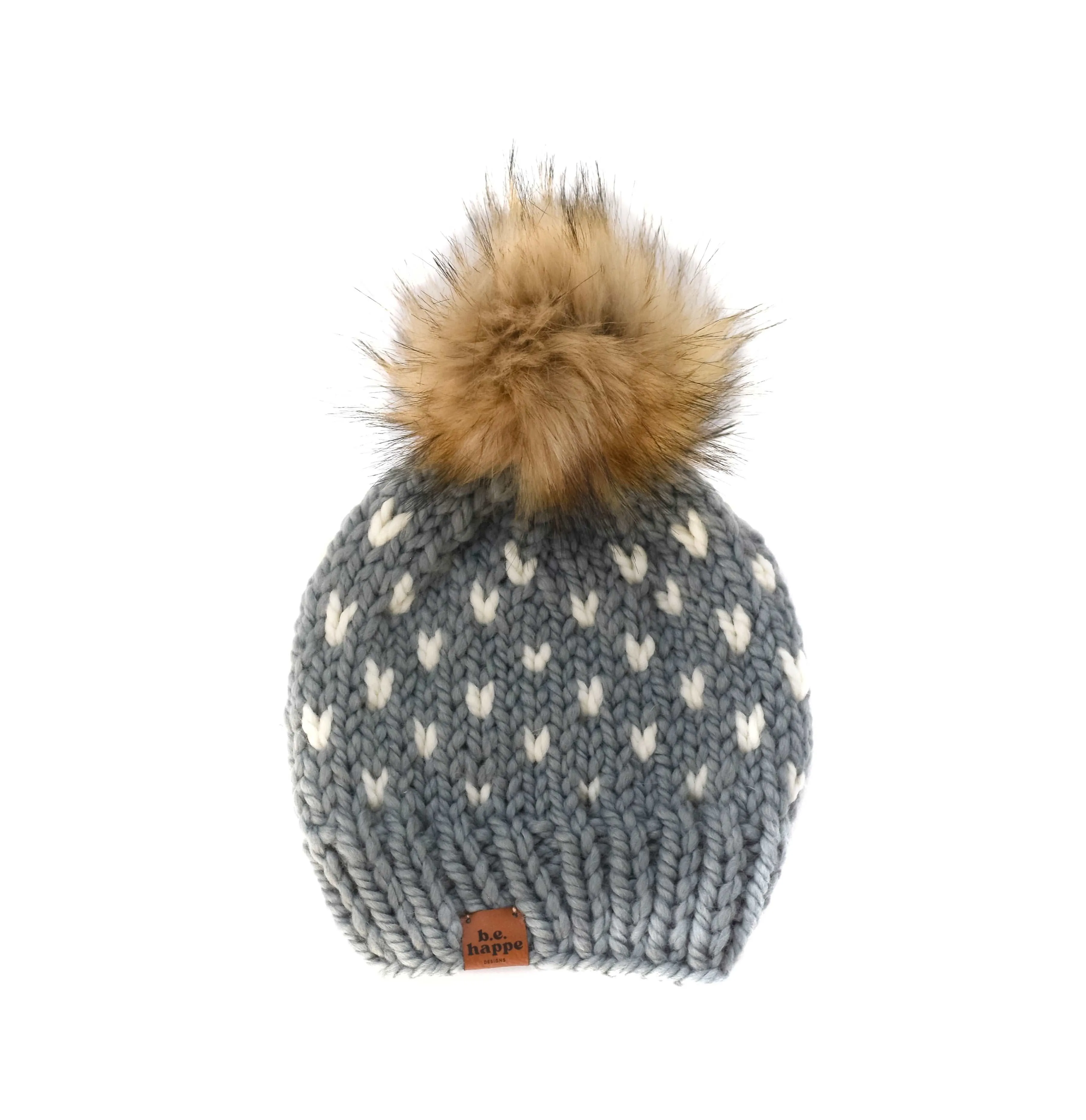 Adult Knit Heart Pom Hat | Slate Gray   Off White