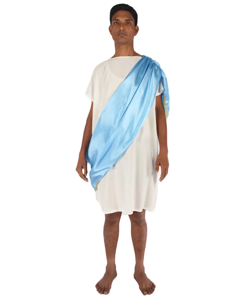 Adult Men's Greek Toga Historical Costume  White and Blue Costume