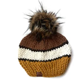 Adult Stripe Knit Pom Hat | Mustard Yellow   Brown