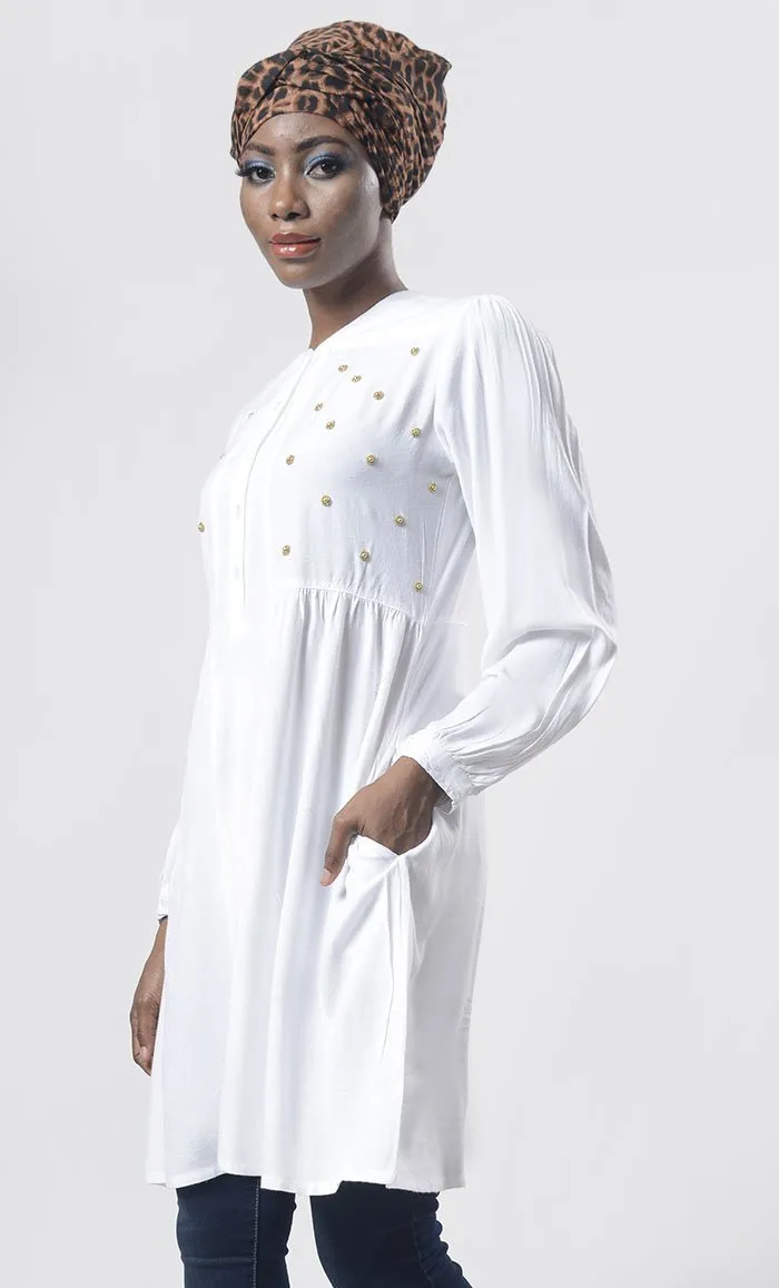 Amazing White Hand Work Embroidered Front Open Button Tunic