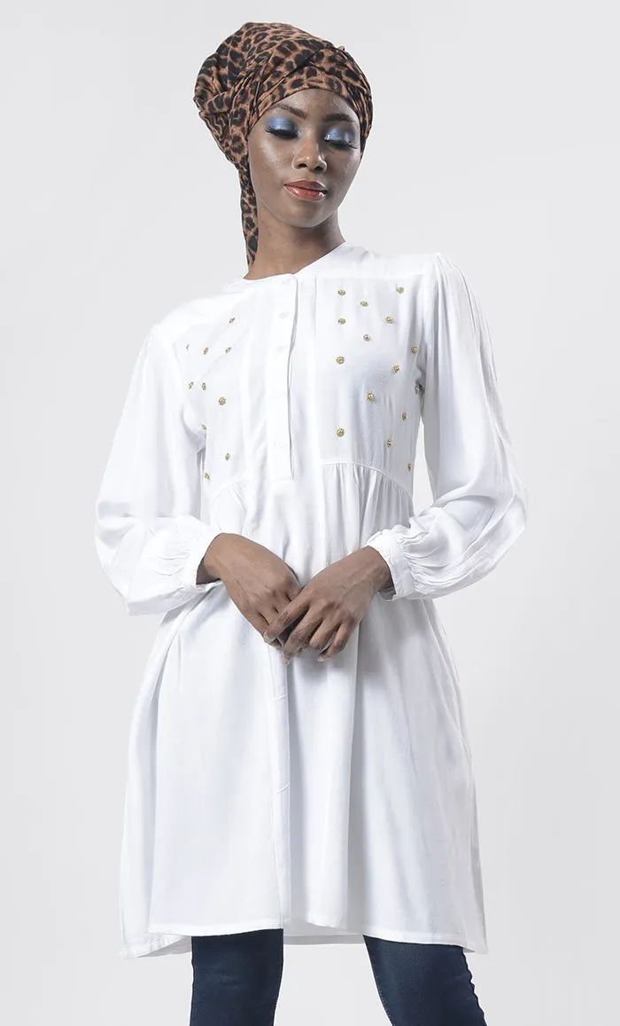 Amazing White Hand Work Embroidered Front Open Button Tunic