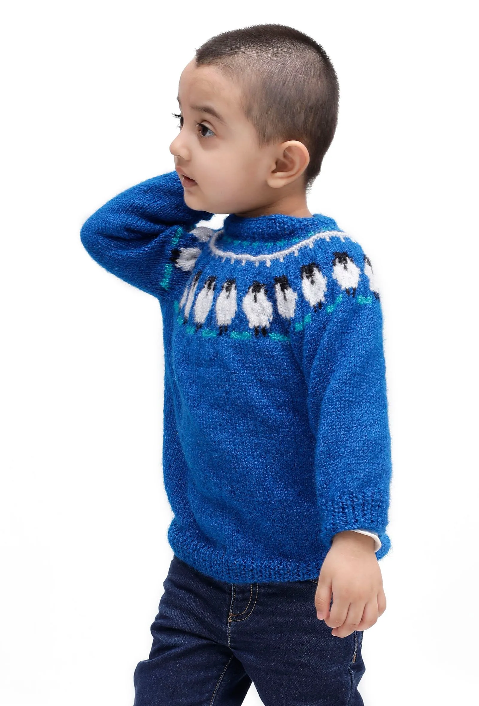 Aqua Blue Penguin Wool Hand Knitted Sweater