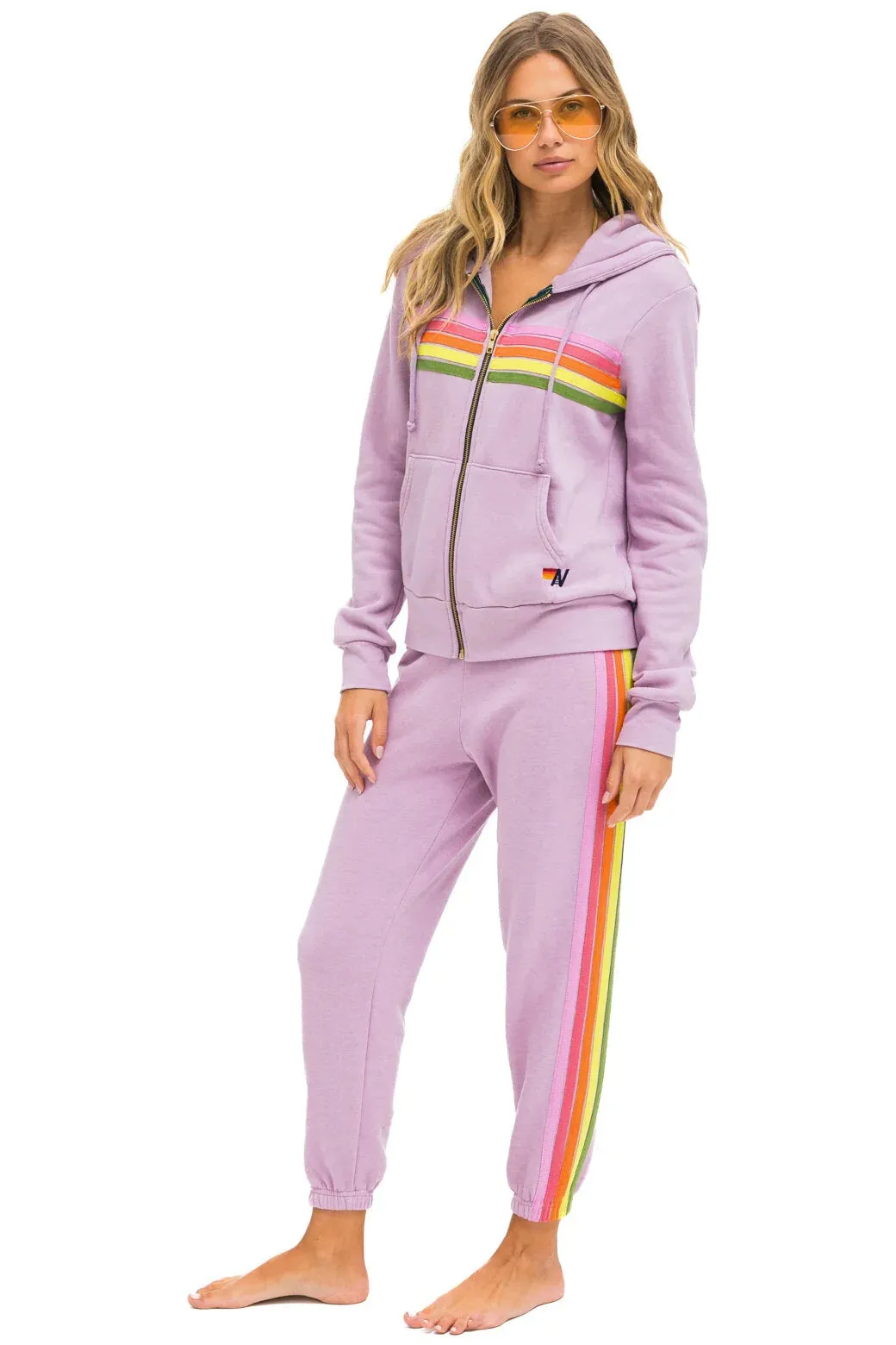 Aviator Nation 5 Stripe Zip Hoodie Mauve Pink Green