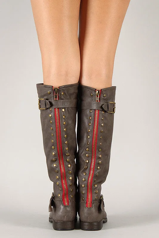 Bamboo Contrast Zipper Studded Riding Knee High Boot