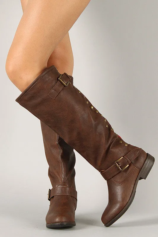 Bamboo Contrast Zipper Studded Riding Knee High Boot