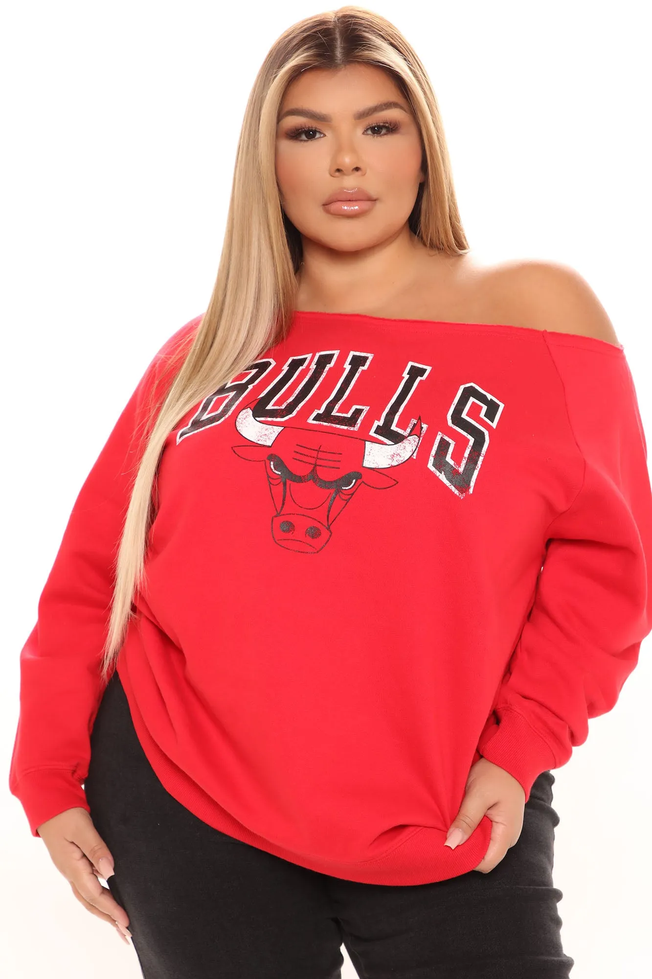 Beat The Buzzer Bulls Off Shoulder Sweatshirt - Red