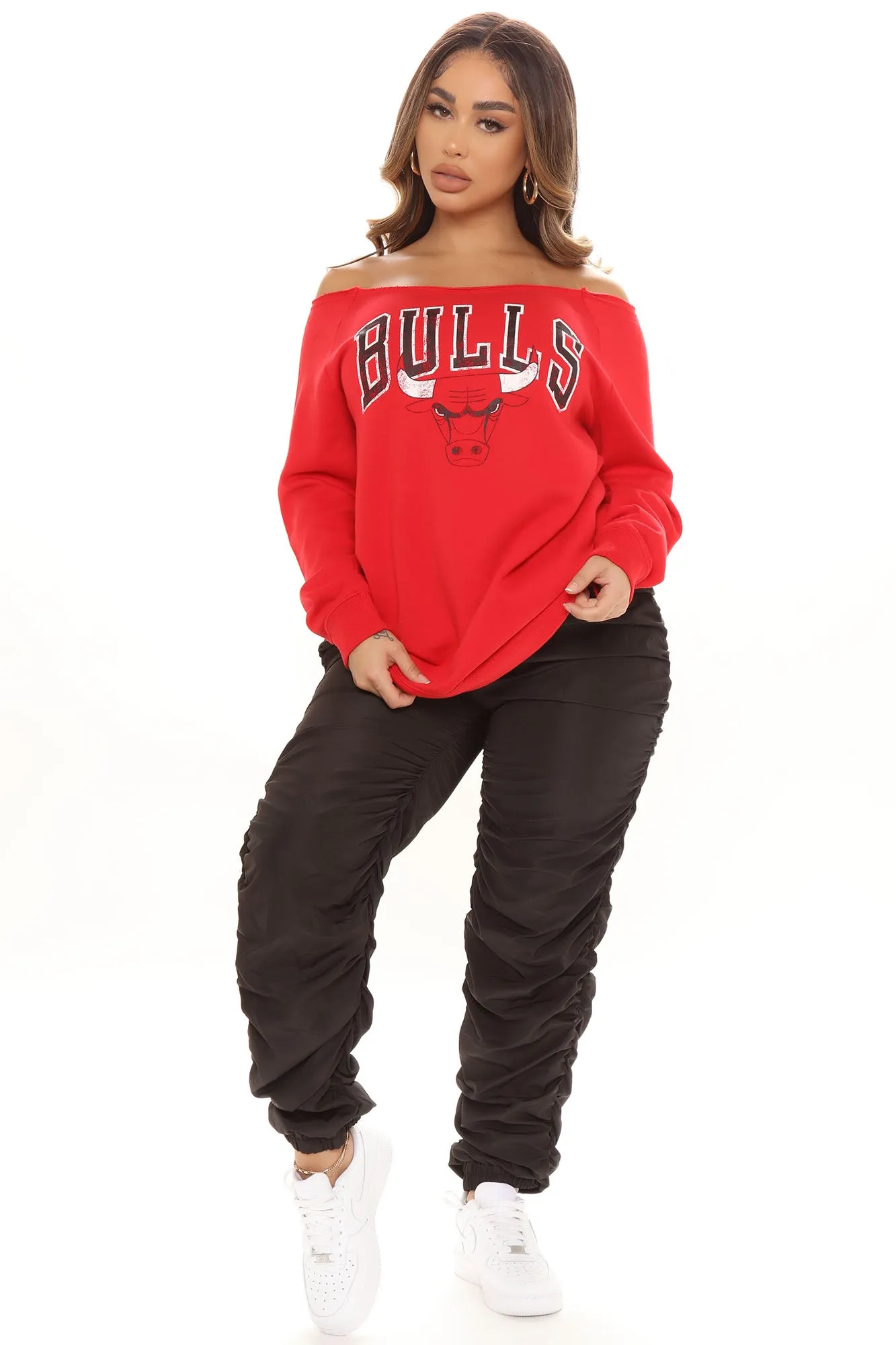 Beat The Buzzer Bulls Off Shoulder Sweatshirt - Red