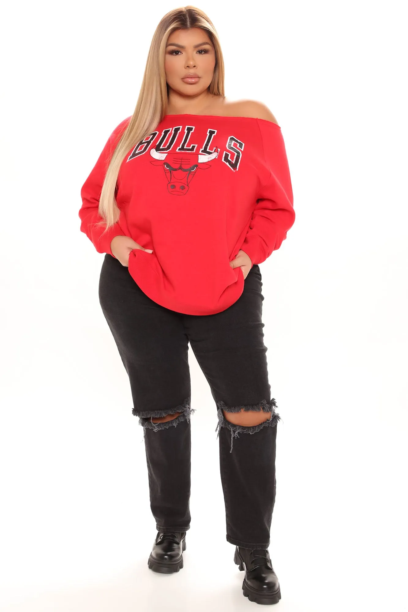 Beat The Buzzer Bulls Off Shoulder Sweatshirt - Red