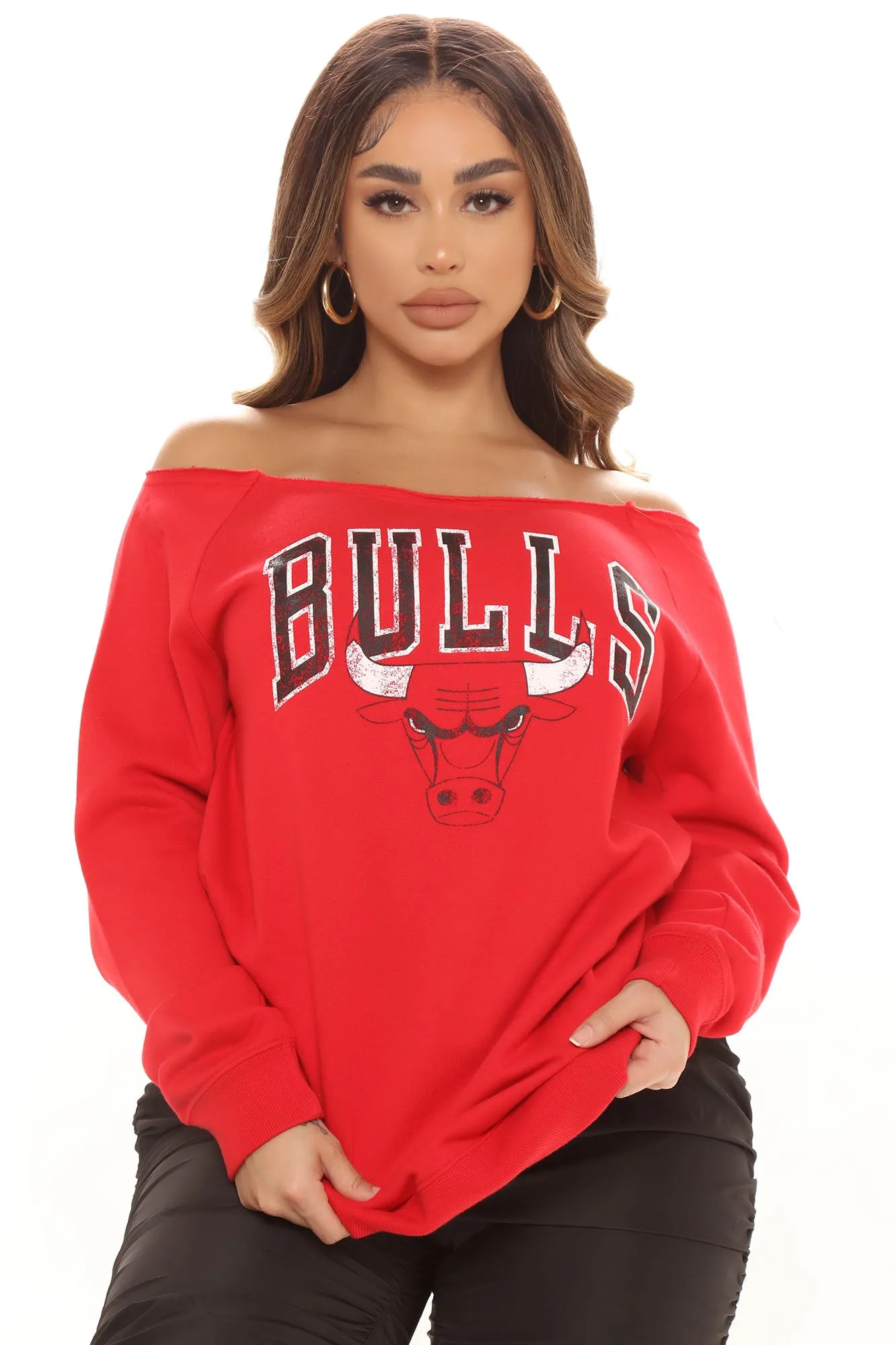 Beat The Buzzer Bulls Off Shoulder Sweatshirt - Red