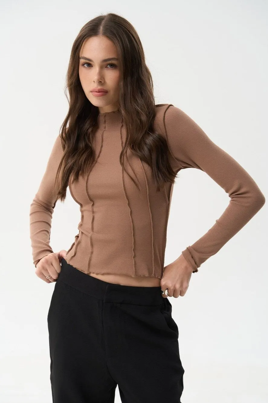 Beige Long Sleeve Top with Reversed Seams