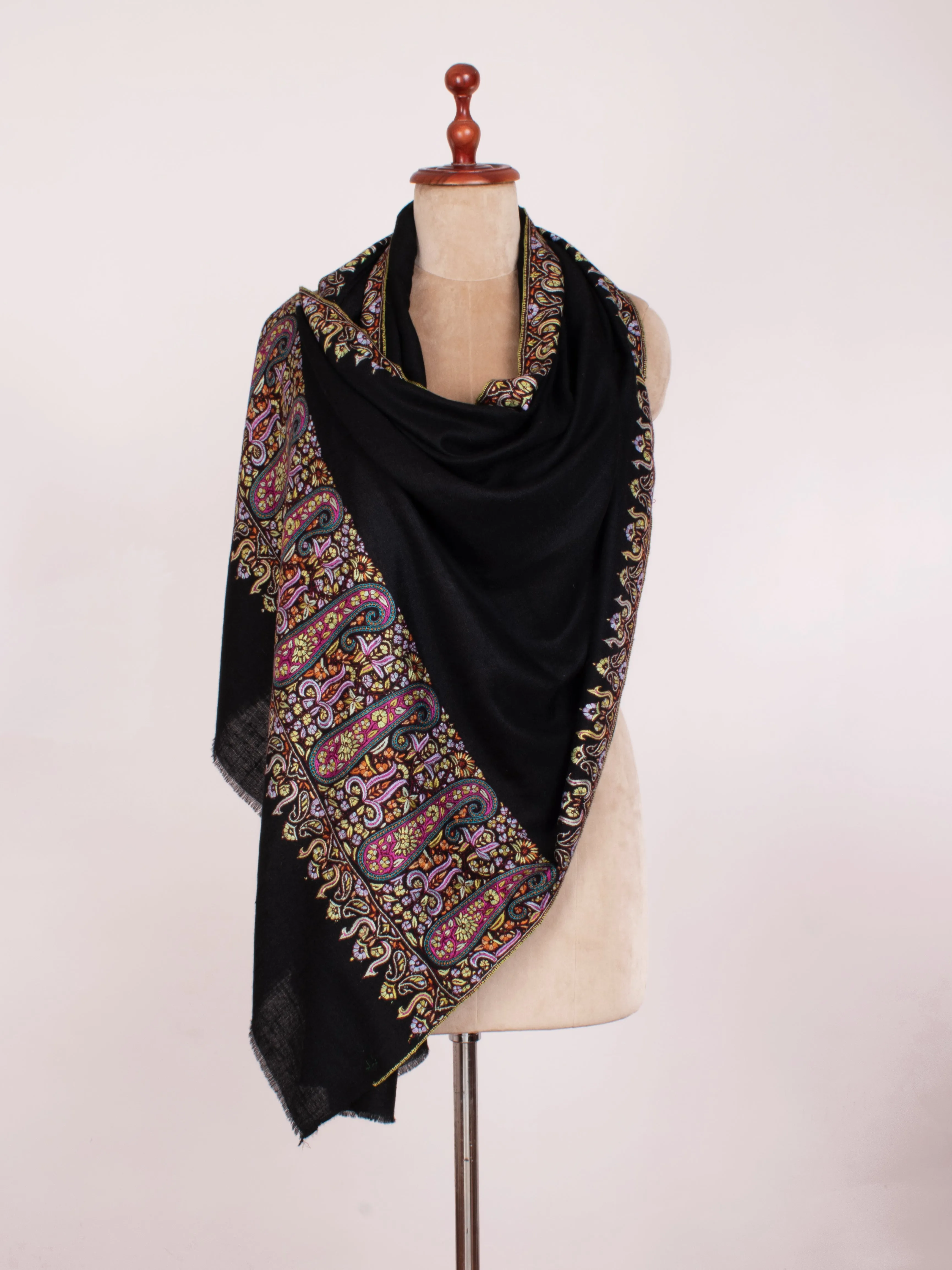 Black Embroidered Paisley Cashmere Scarf