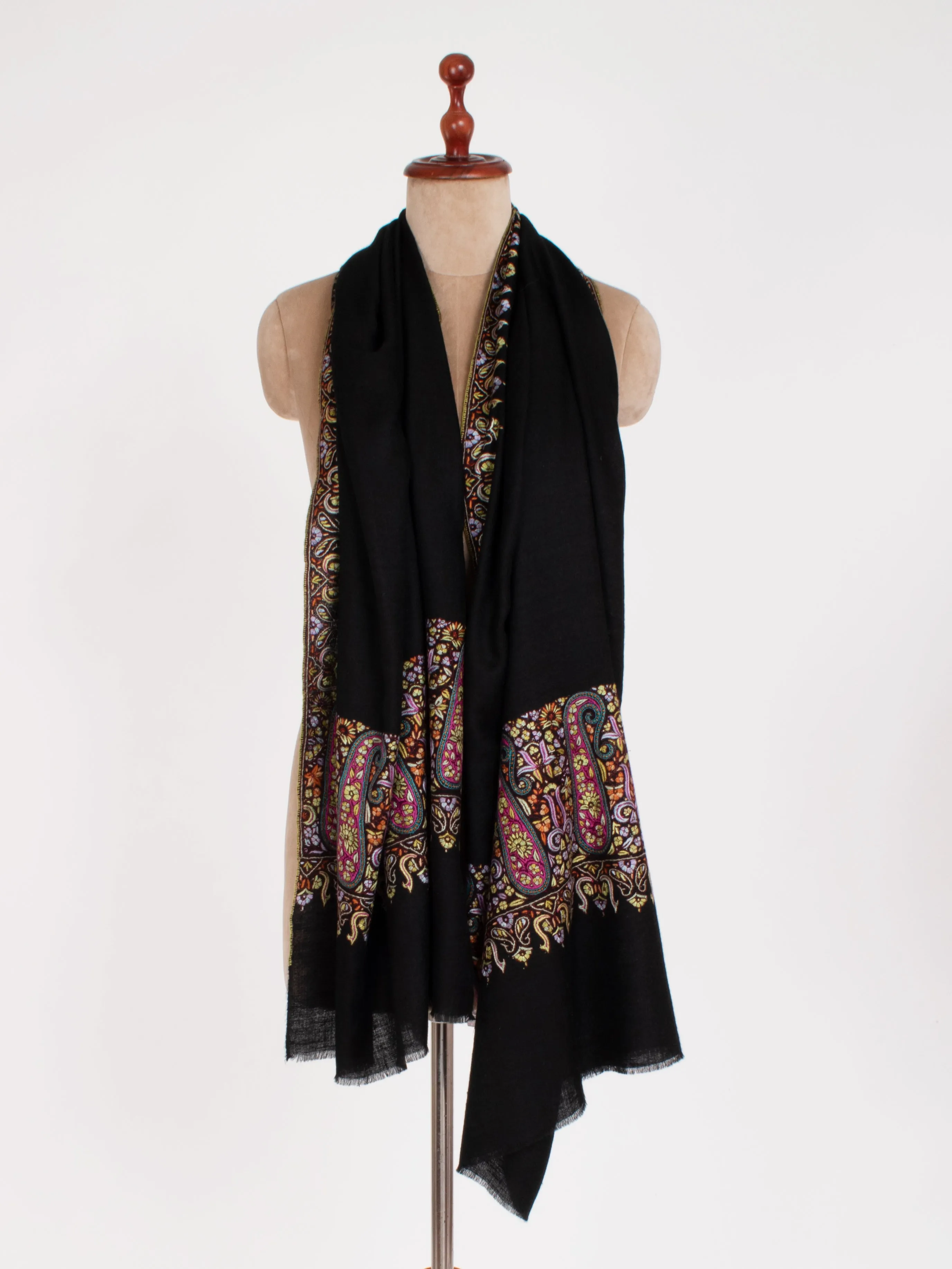 Black Embroidered Paisley Cashmere Scarf