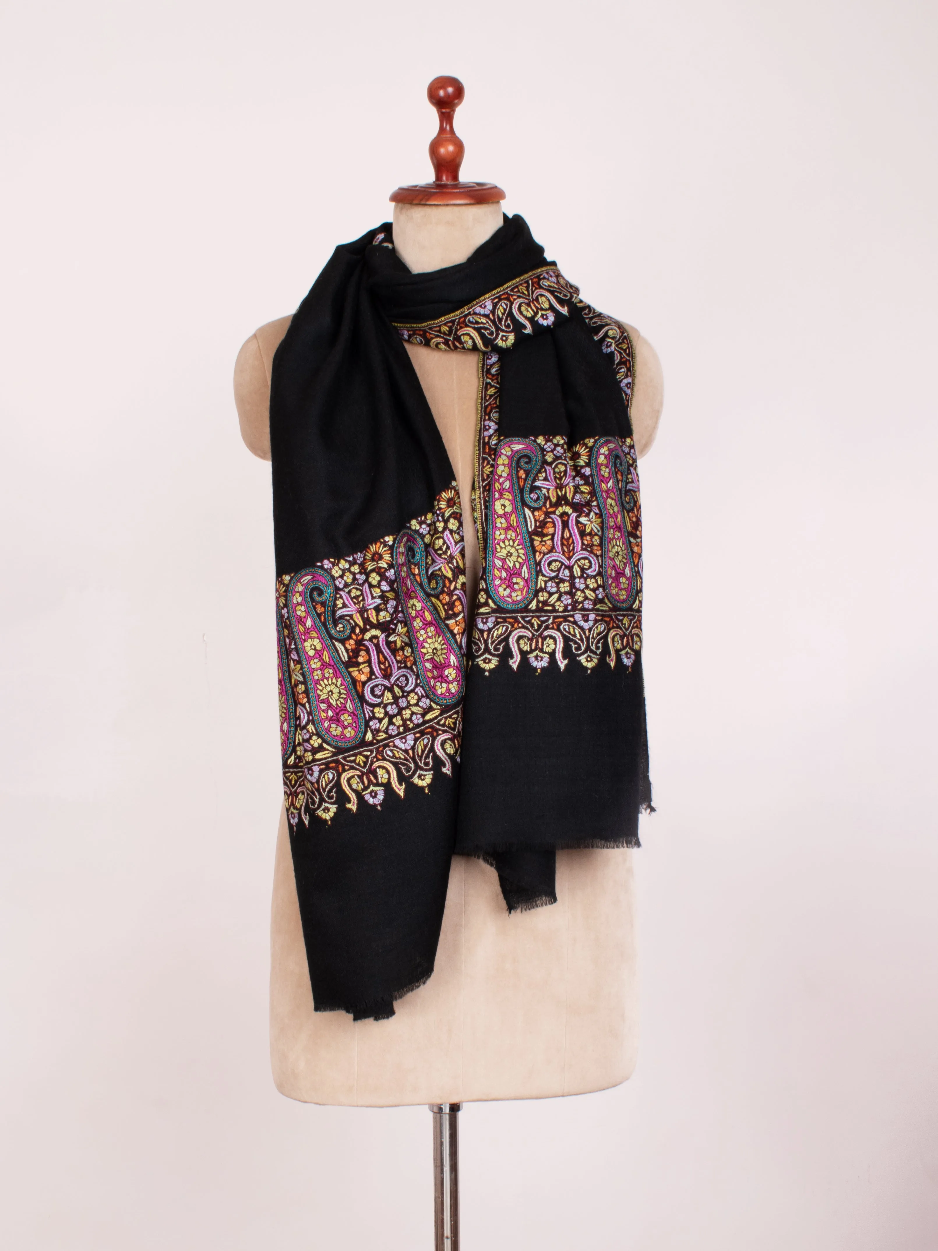 Black Embroidered Paisley Cashmere Scarf