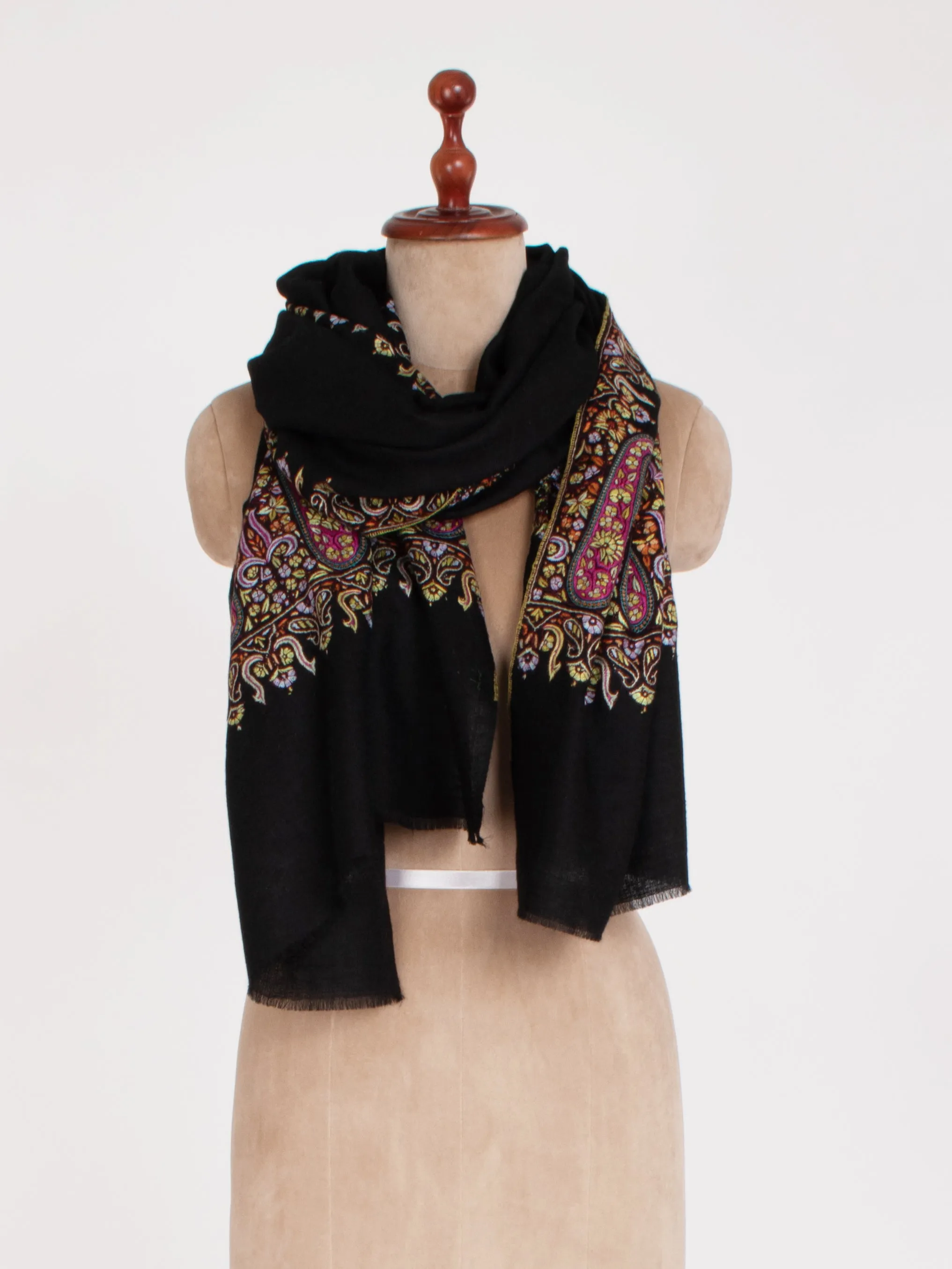 Black Embroidered Paisley Cashmere Scarf