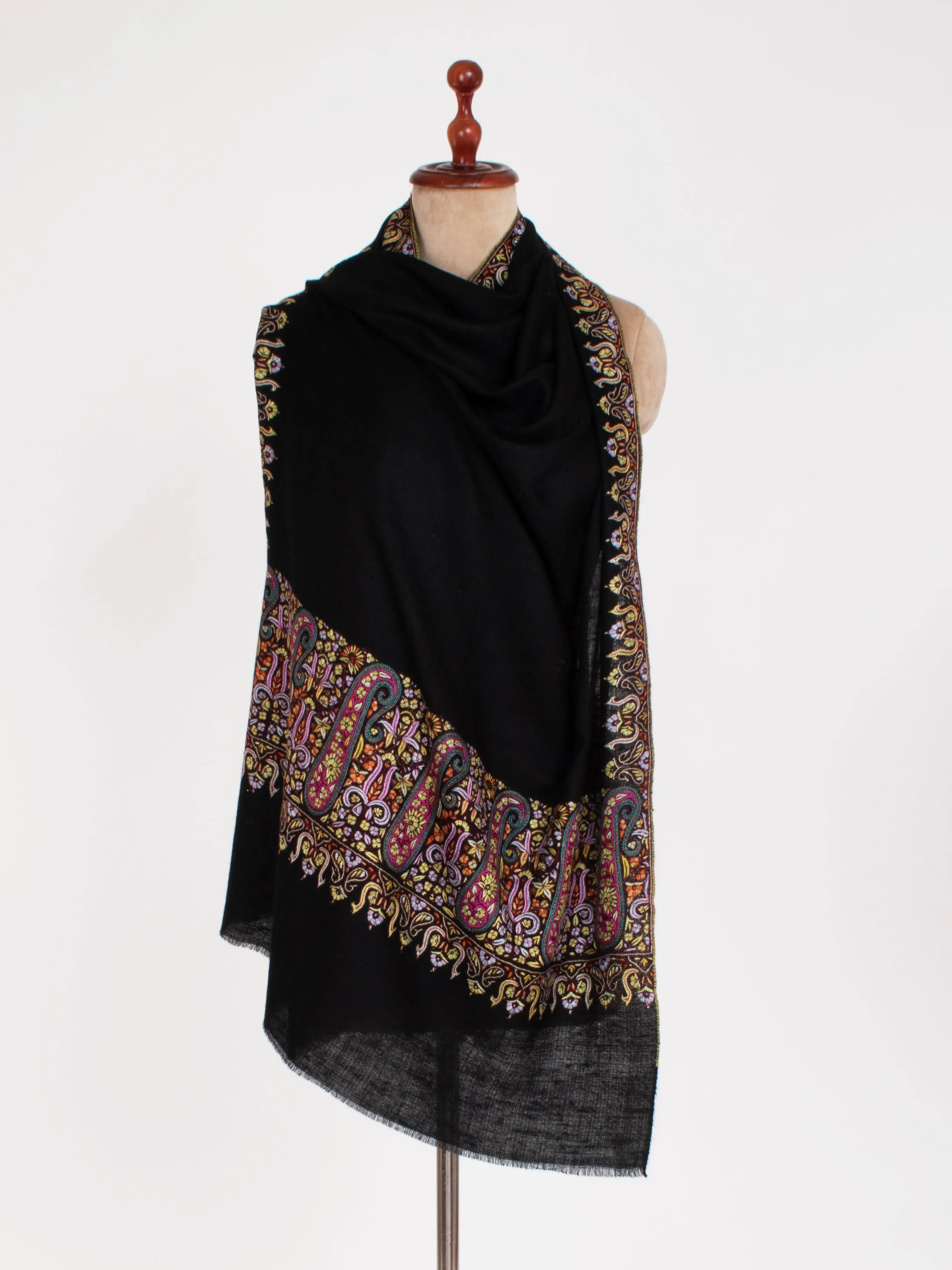 Black Embroidered Paisley Cashmere Scarf