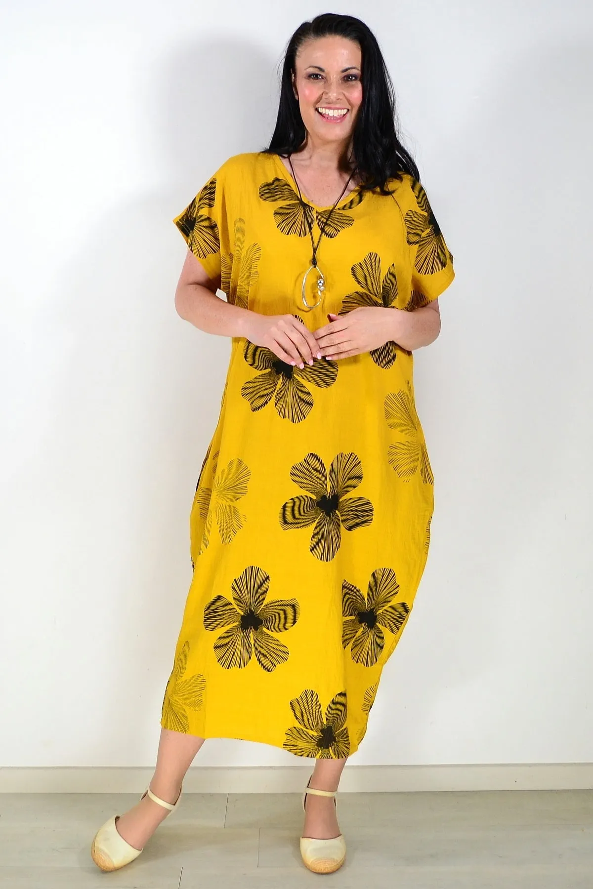 Black Floral Mustard Yellow Dress