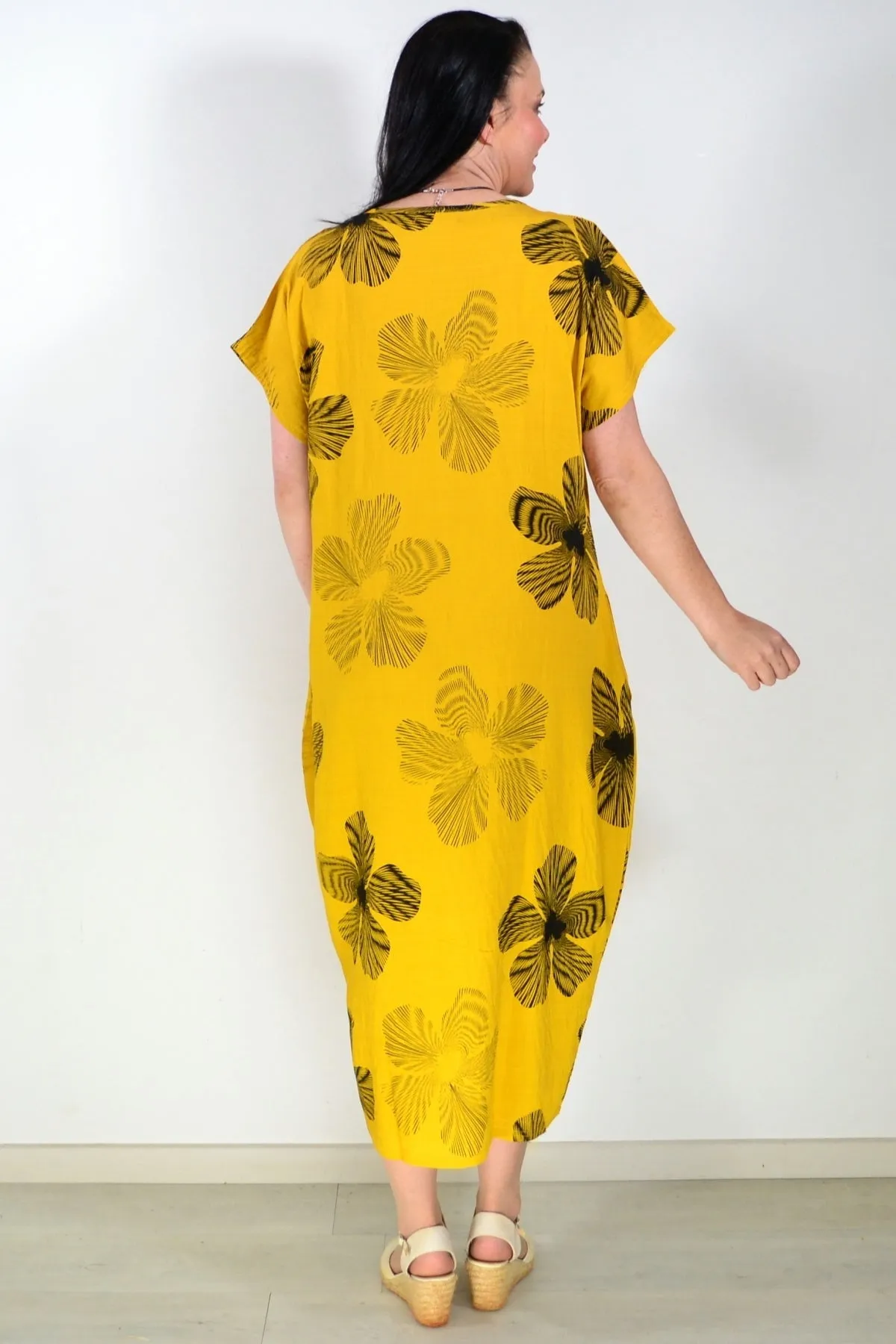 Black Floral Mustard Yellow Dress