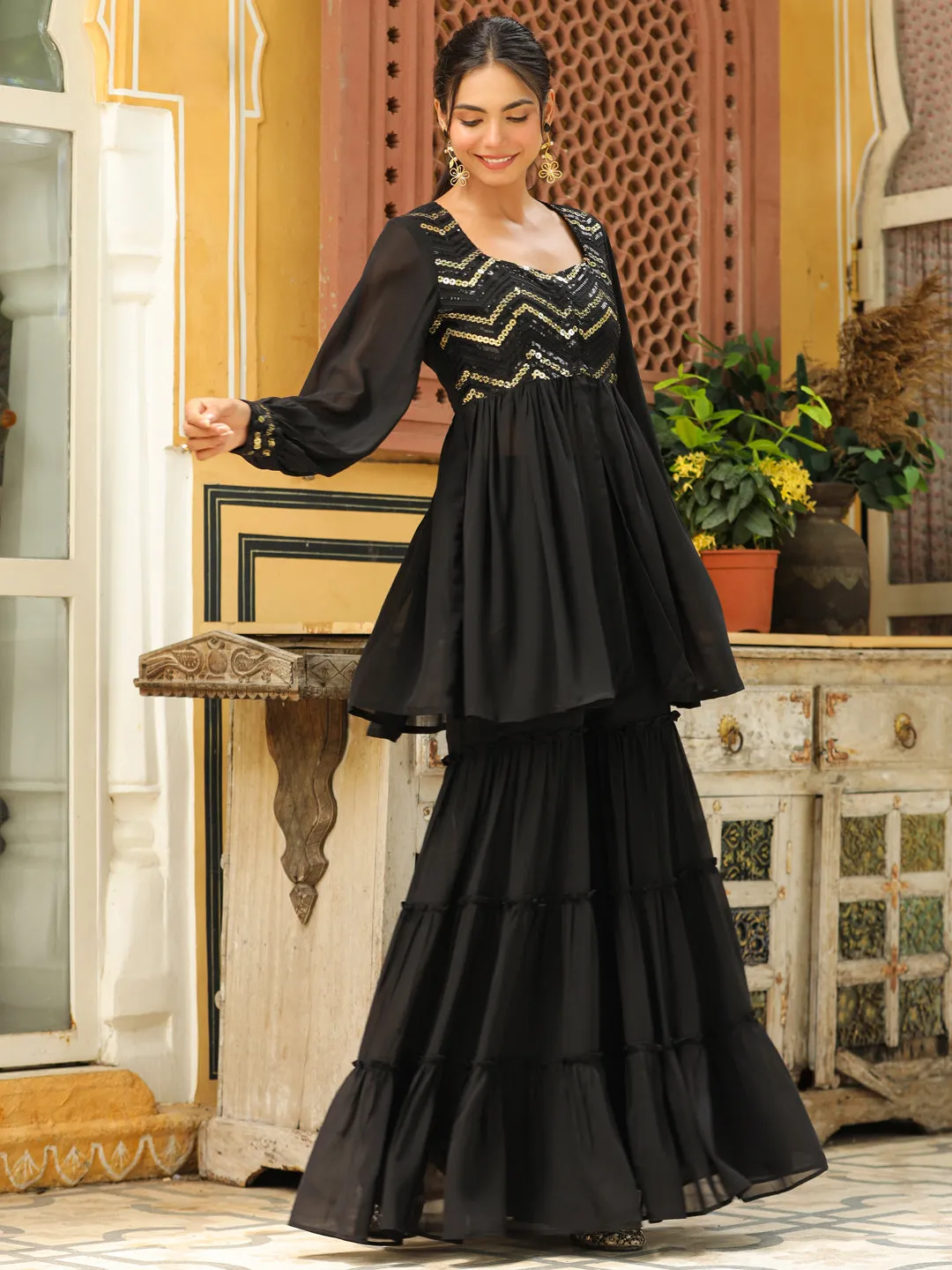 Black Georgette Sequined Front Slit Peplum Sharara Set