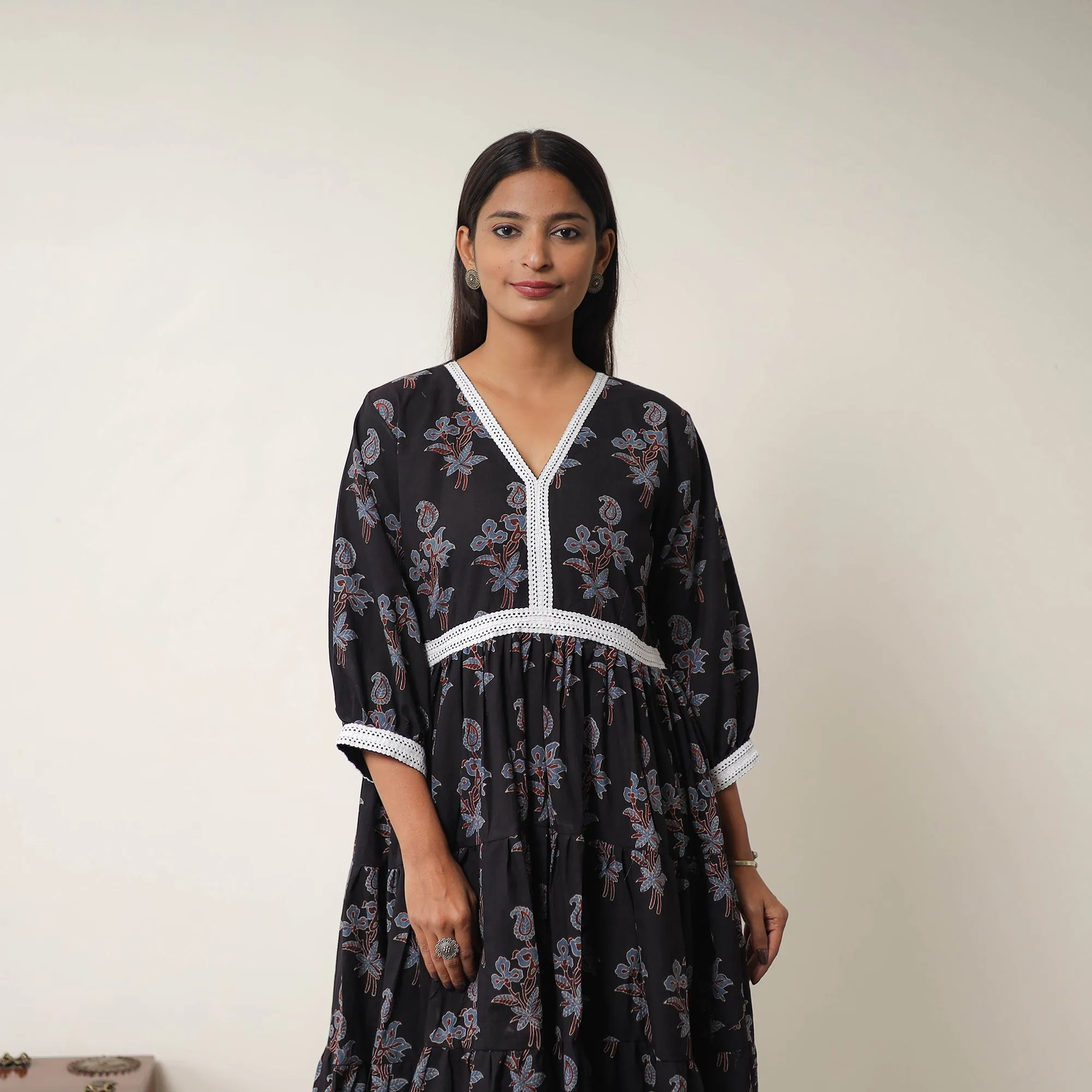 Black - Hand Block Print Cotton Tiered Ajrakh Dress 18