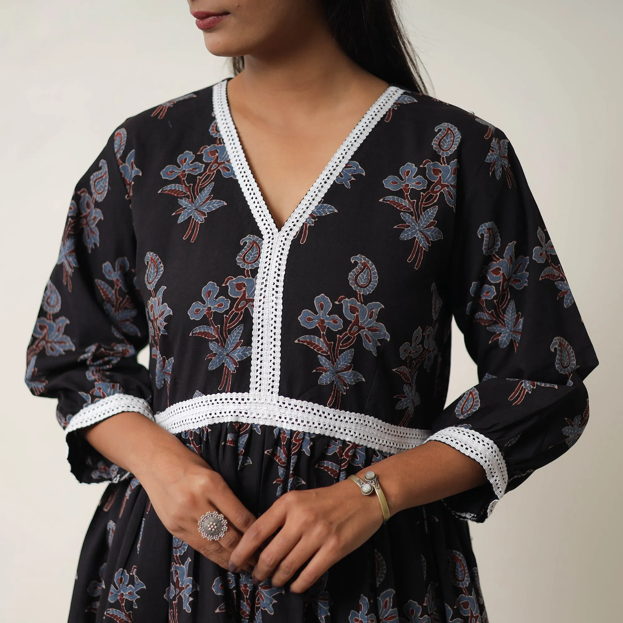 Black - Hand Block Print Cotton Tiered Ajrakh Dress 18