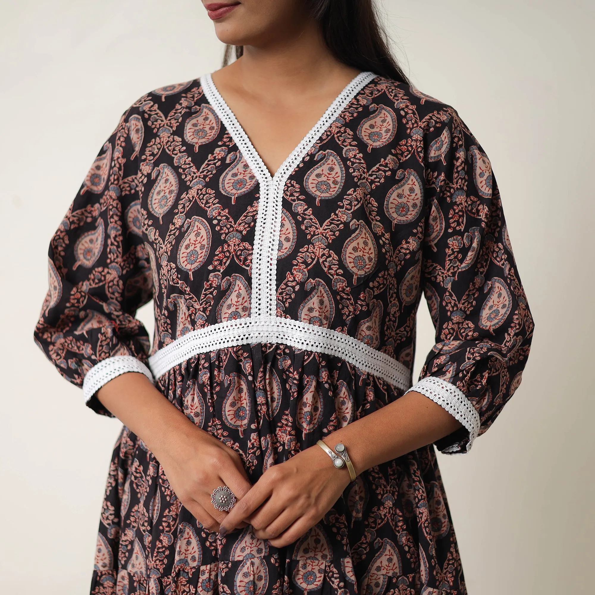 Black - Hand Block Print Cotton Tiered Ajrakh Dress 19