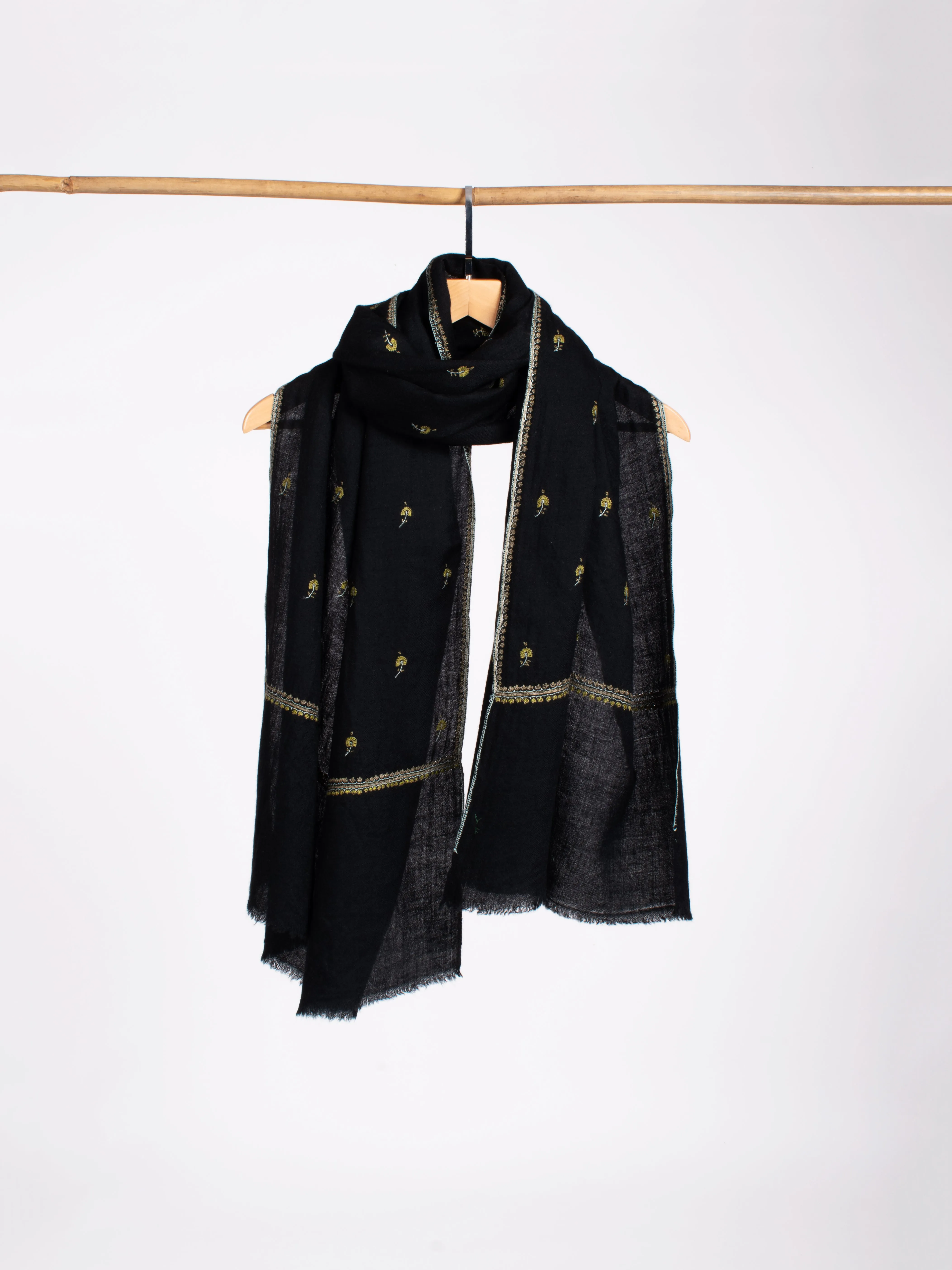 Black with Olive Embroidered Cashmere