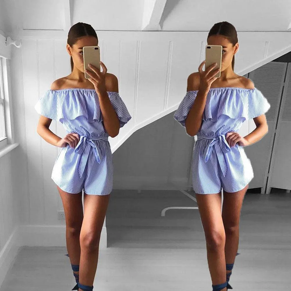 BLUE & WHITE STRIPED OFF-THE-SHOULDER ROMPER