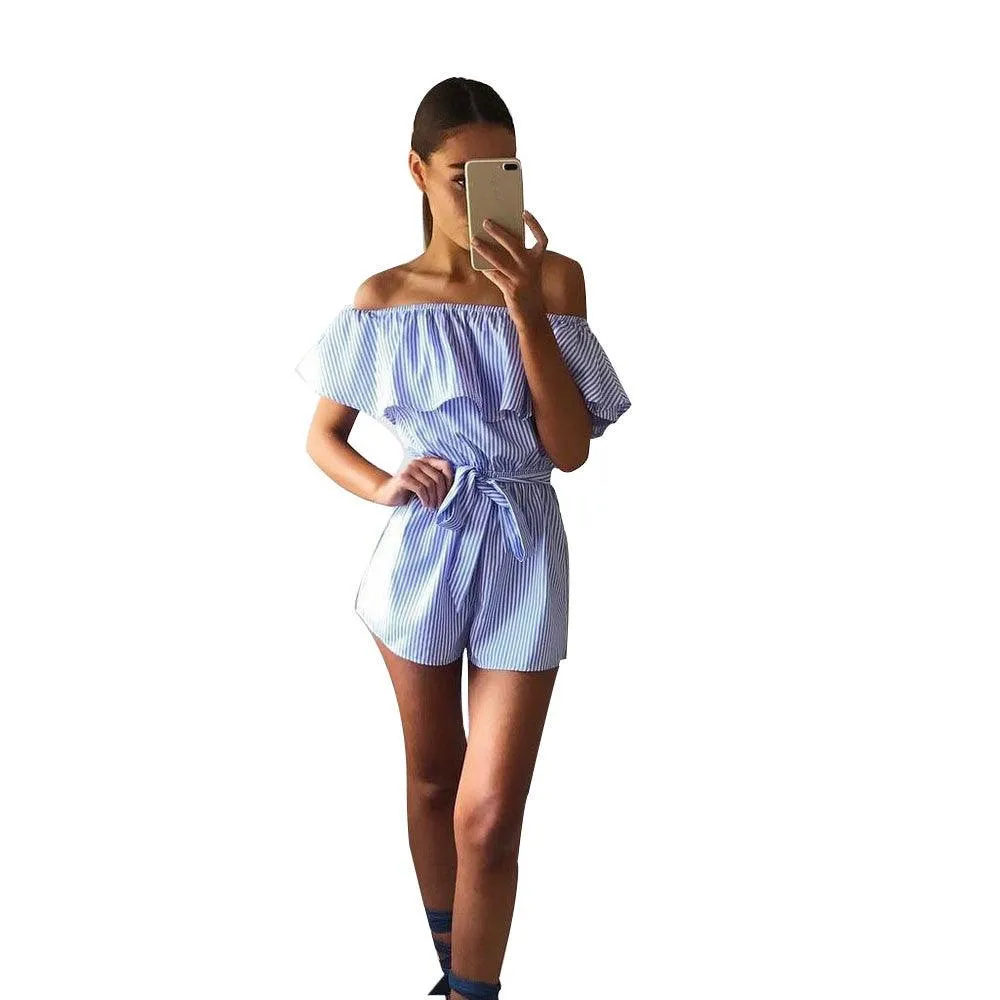 BLUE & WHITE STRIPED OFF-THE-SHOULDER ROMPER