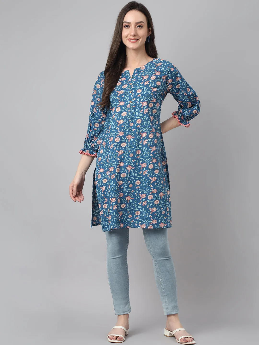 Blue Cotton Floral Print Tunic