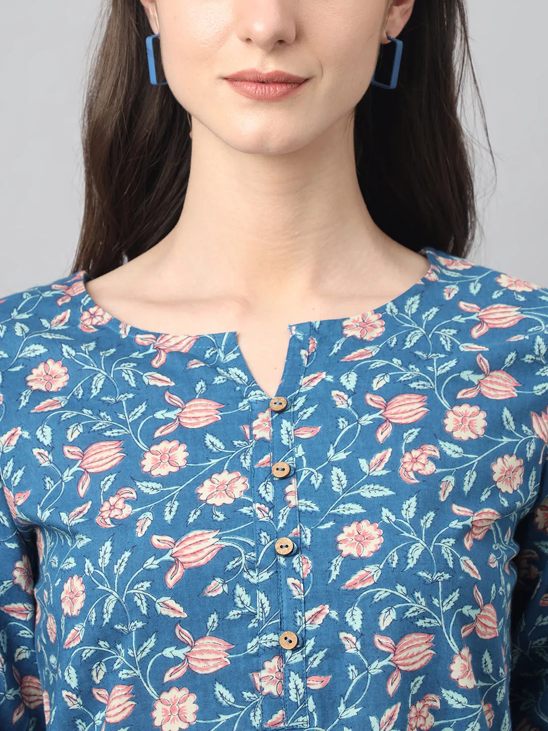 Blue Cotton Floral Print Tunic