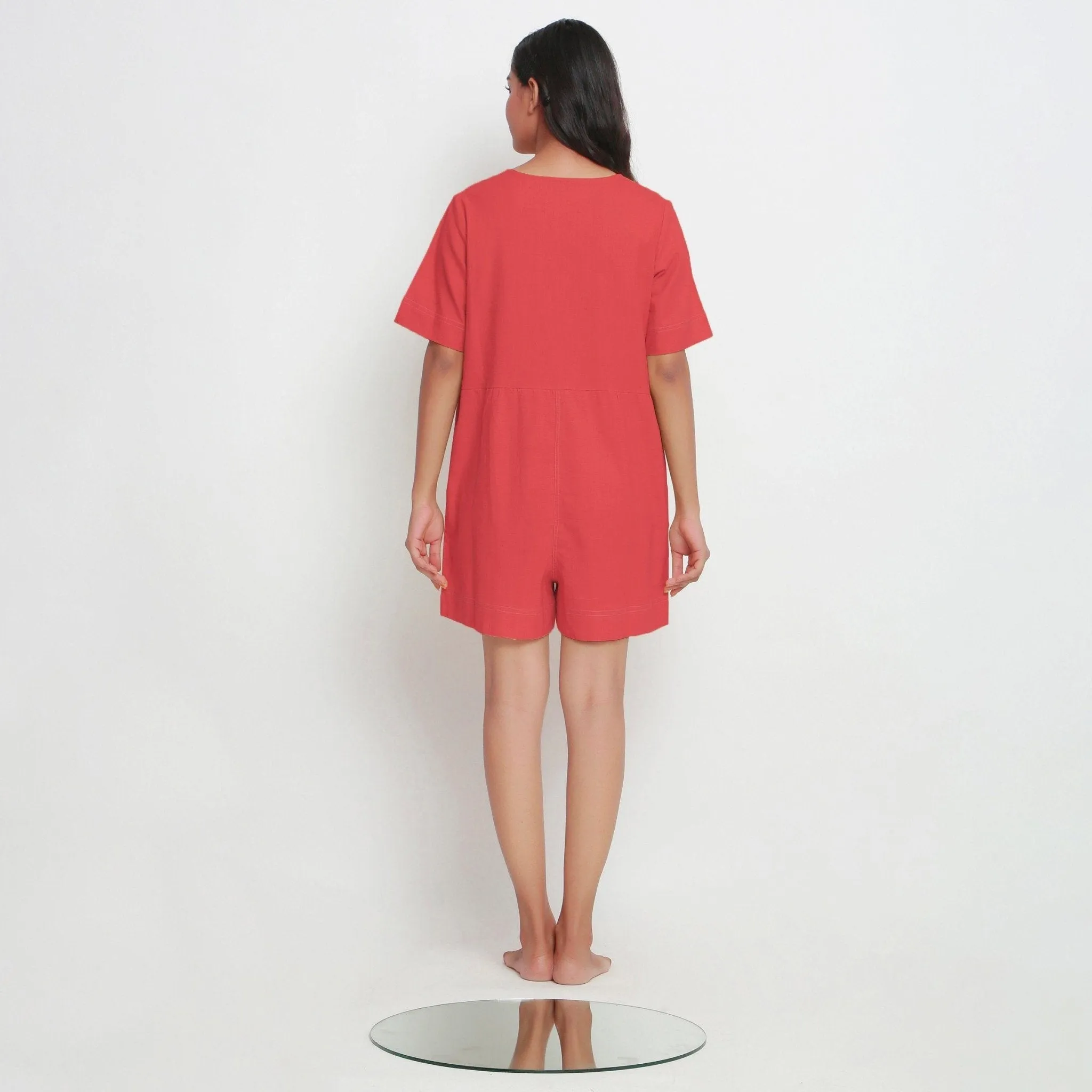 Brick Red Button-Down Vegetable Dyed 100% Cotton Romper