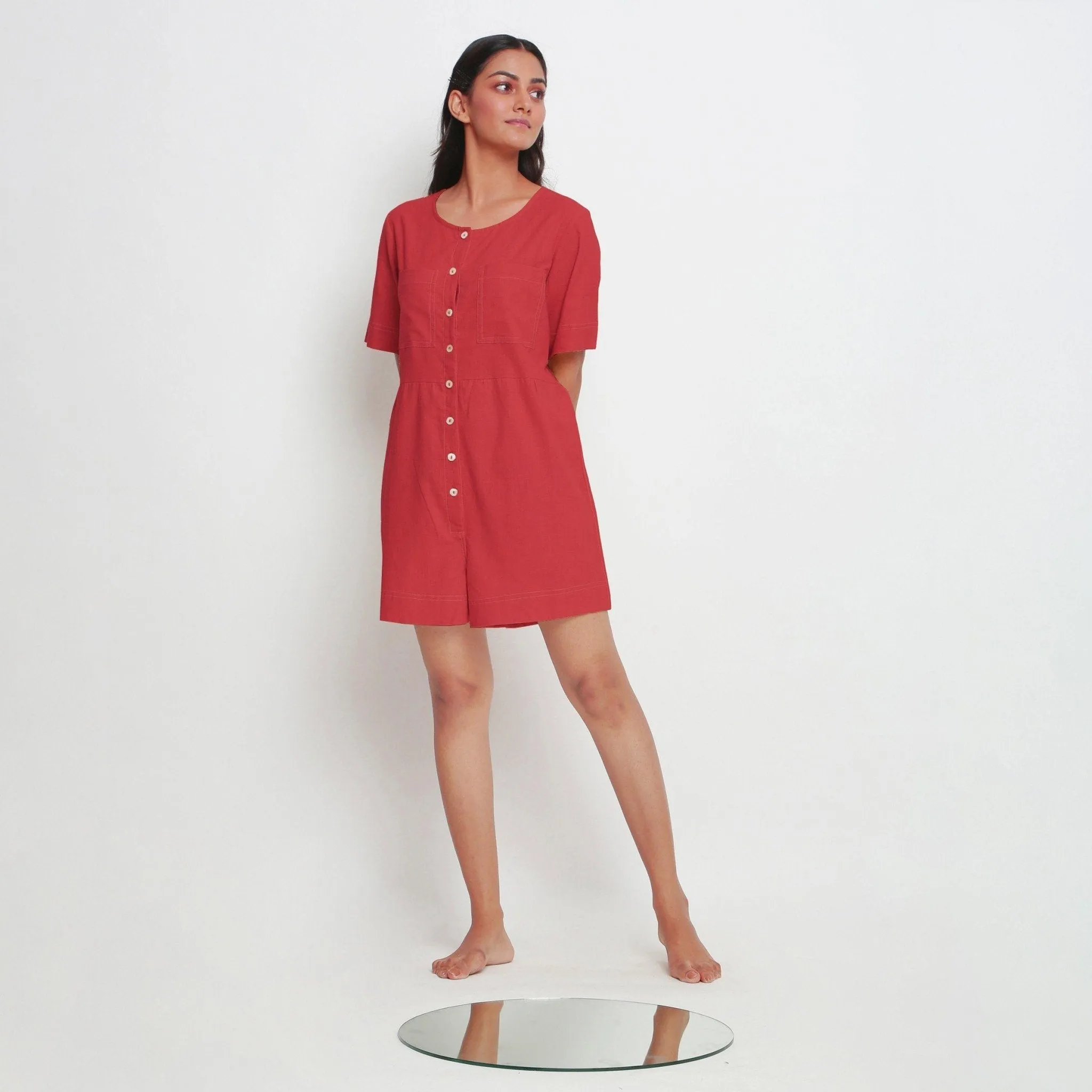 Brick Red Button-Down Vegetable Dyed 100% Cotton Romper