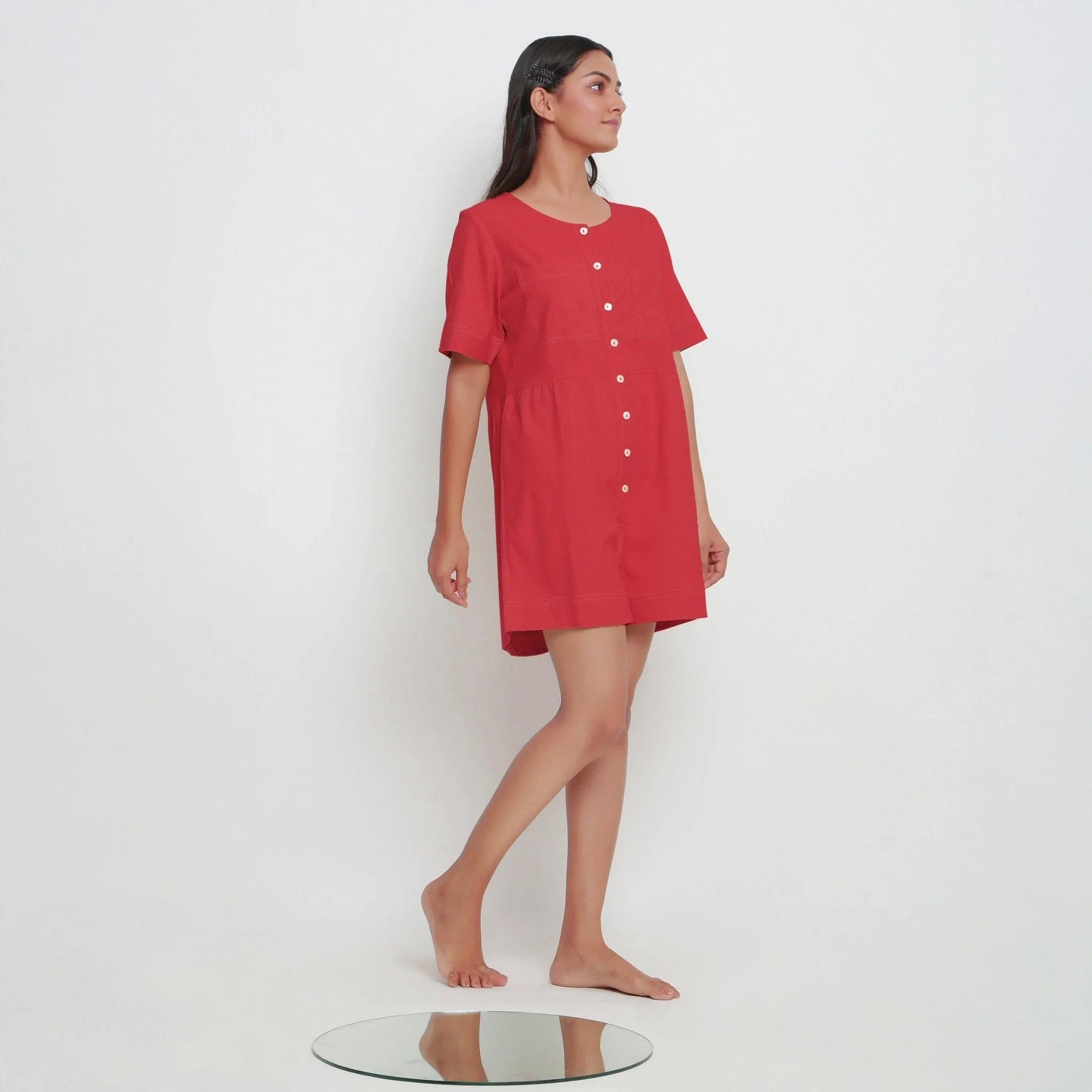 Brick Red Button-Down Vegetable Dyed 100% Cotton Romper