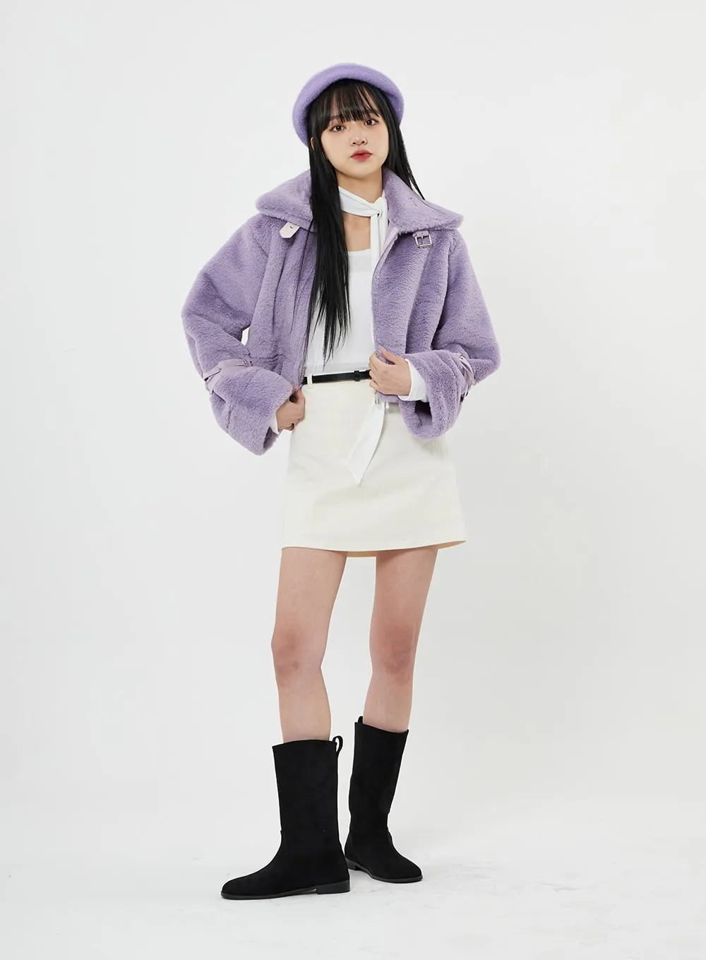 Buckle Soft Fur Crop Shearling Jacket BN04