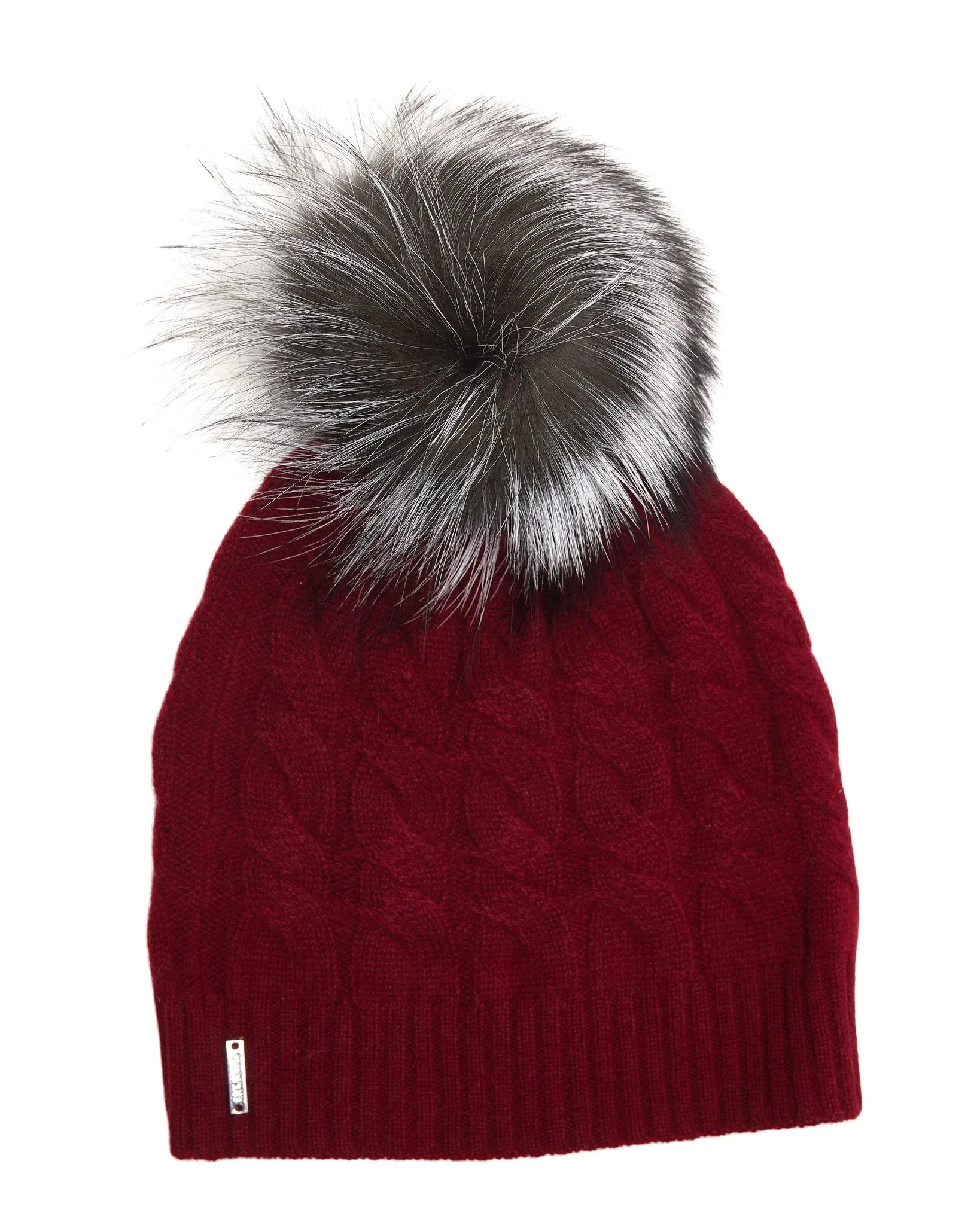 Cable Knit Cashmere Hat with Fox Fur Pompom