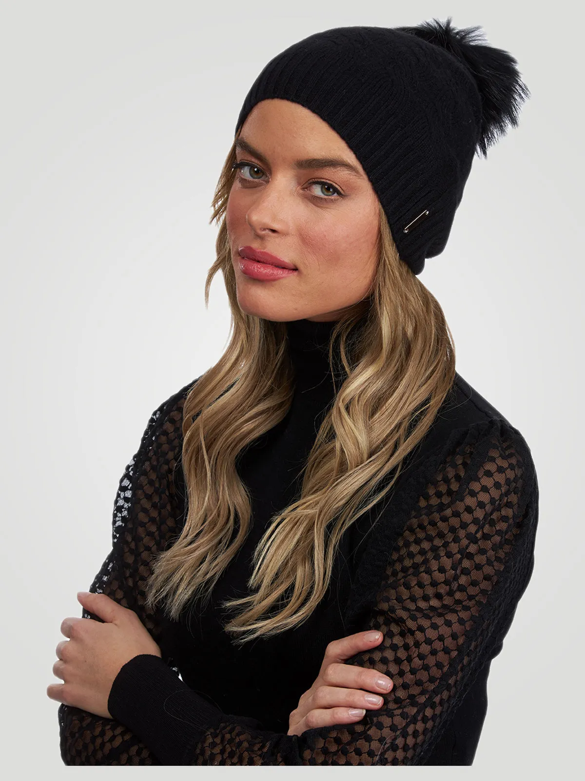 Cable Knit Cashmere Hat with Fox Fur Pompom