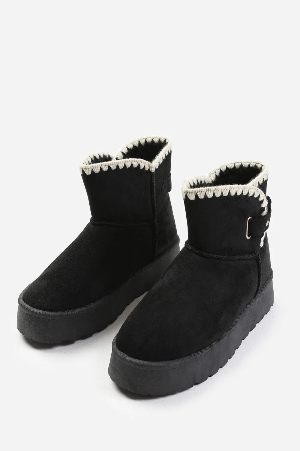 CALLA FLATFORM FUR LINING ANKLE BOOT WITH VELCRO FASTENING IN BLACK SUEDE