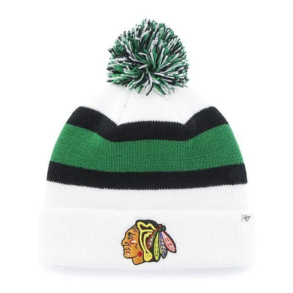 Chicago Blackhawks 47 Brand White Black Green Knit Cuff Breakaway Beanie Hat Cap