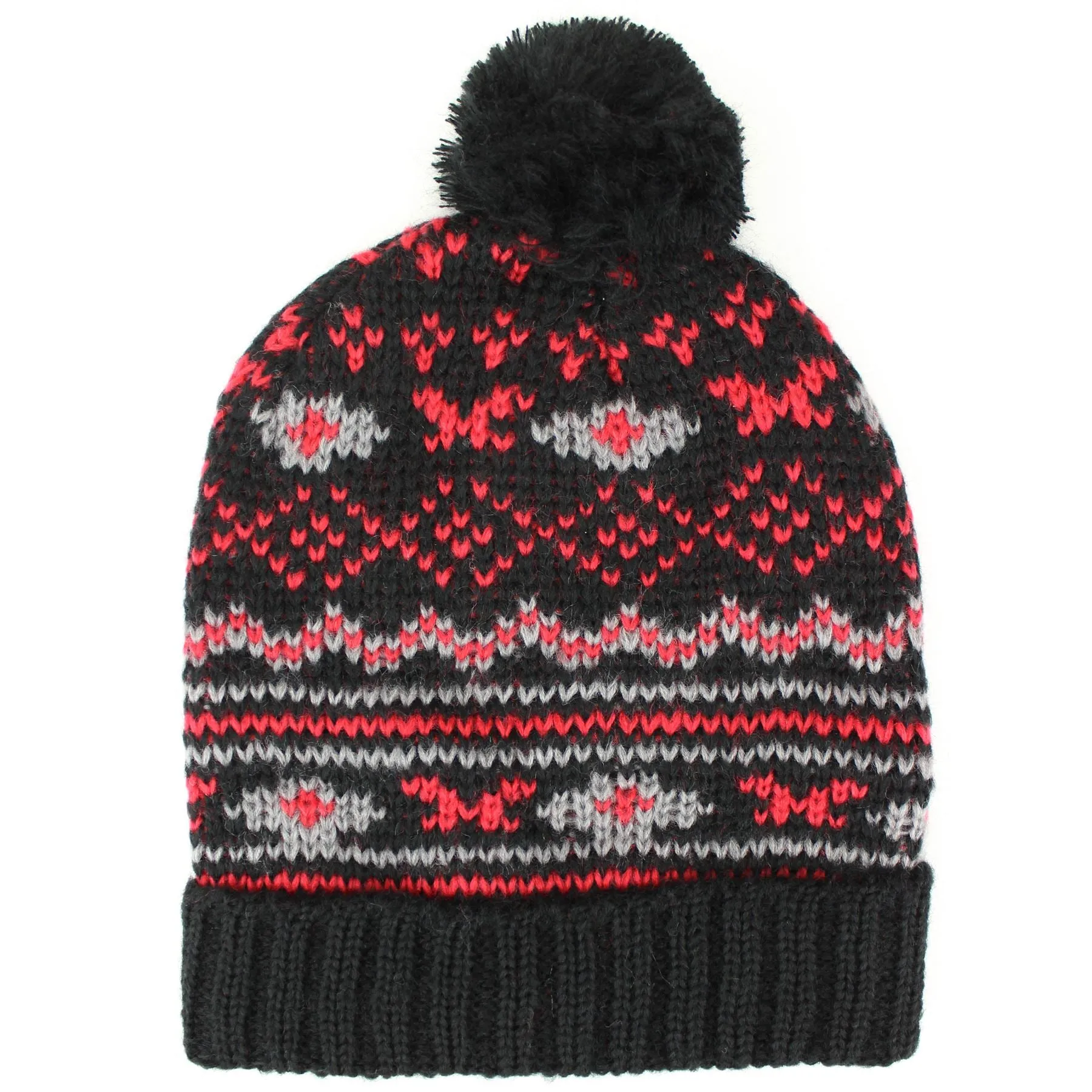 Chunky knit baggy bobble beanie hat with colourful fairisle pattern - Black