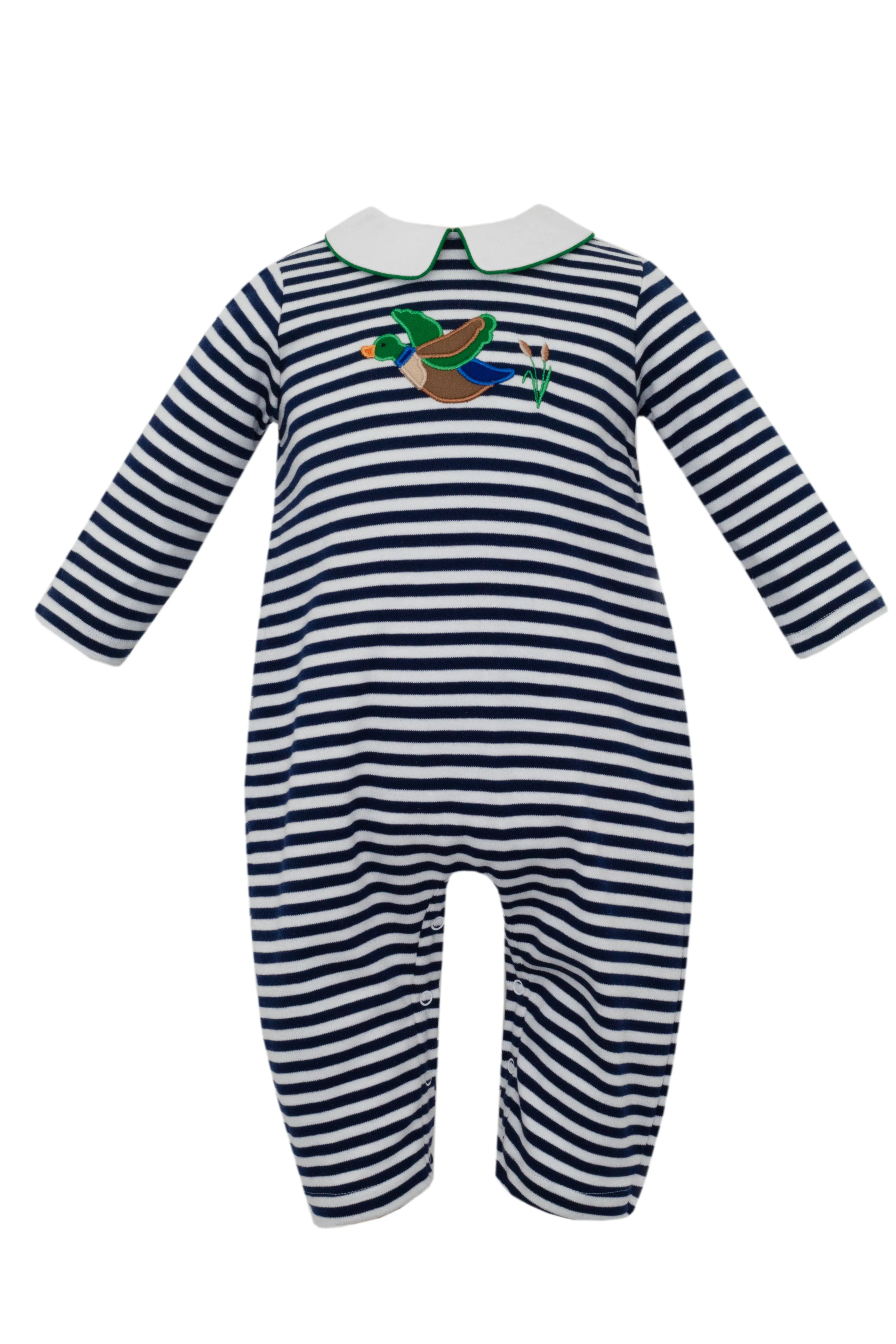 Claire & Charlie Mallard Ducks Navy Blue Knit Stripe Boy's Long Romper W/Collar L/S 5005H-CF24 5107