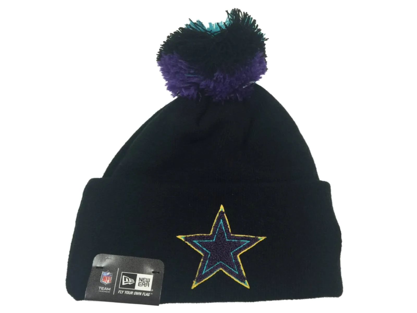 Dallas Cowboys NFL New Era Black Tri-Color Pom Pom Cuffed Knit Beanie Hat Cap