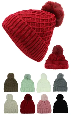 DBH3740 High Quality Winter Knit Beanie Lining Hat w/Pompom Pack 12pcs